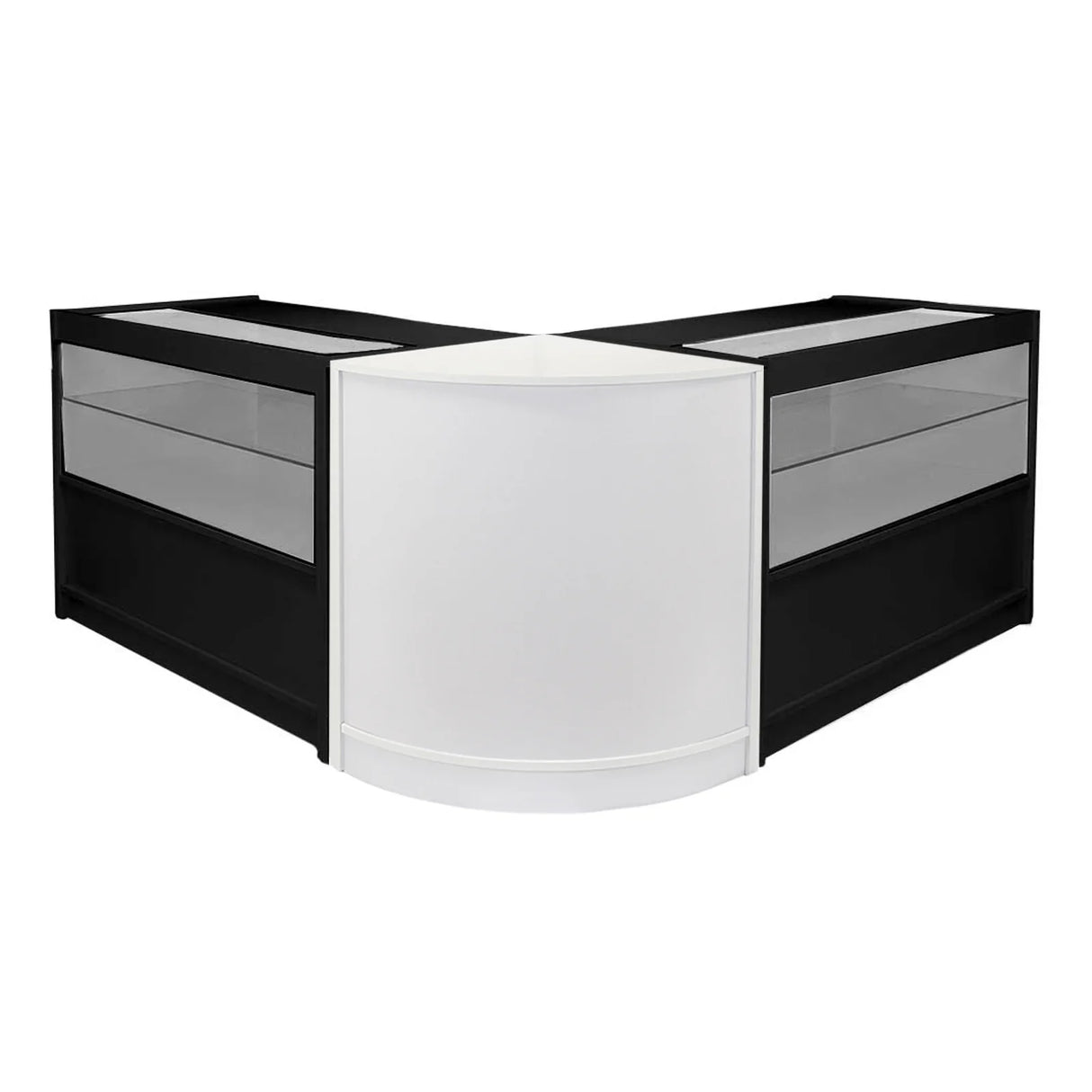 Black and white retail shop counters with sleek glass displays, featuring a modern curved design and ample storage space