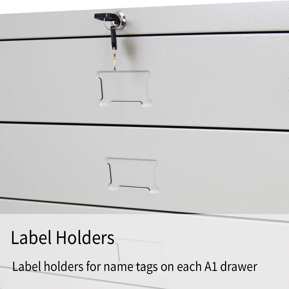 A1 Architects Drawer featuring three drawers with label holders for name tags and a key lock, finished in sleek white metal