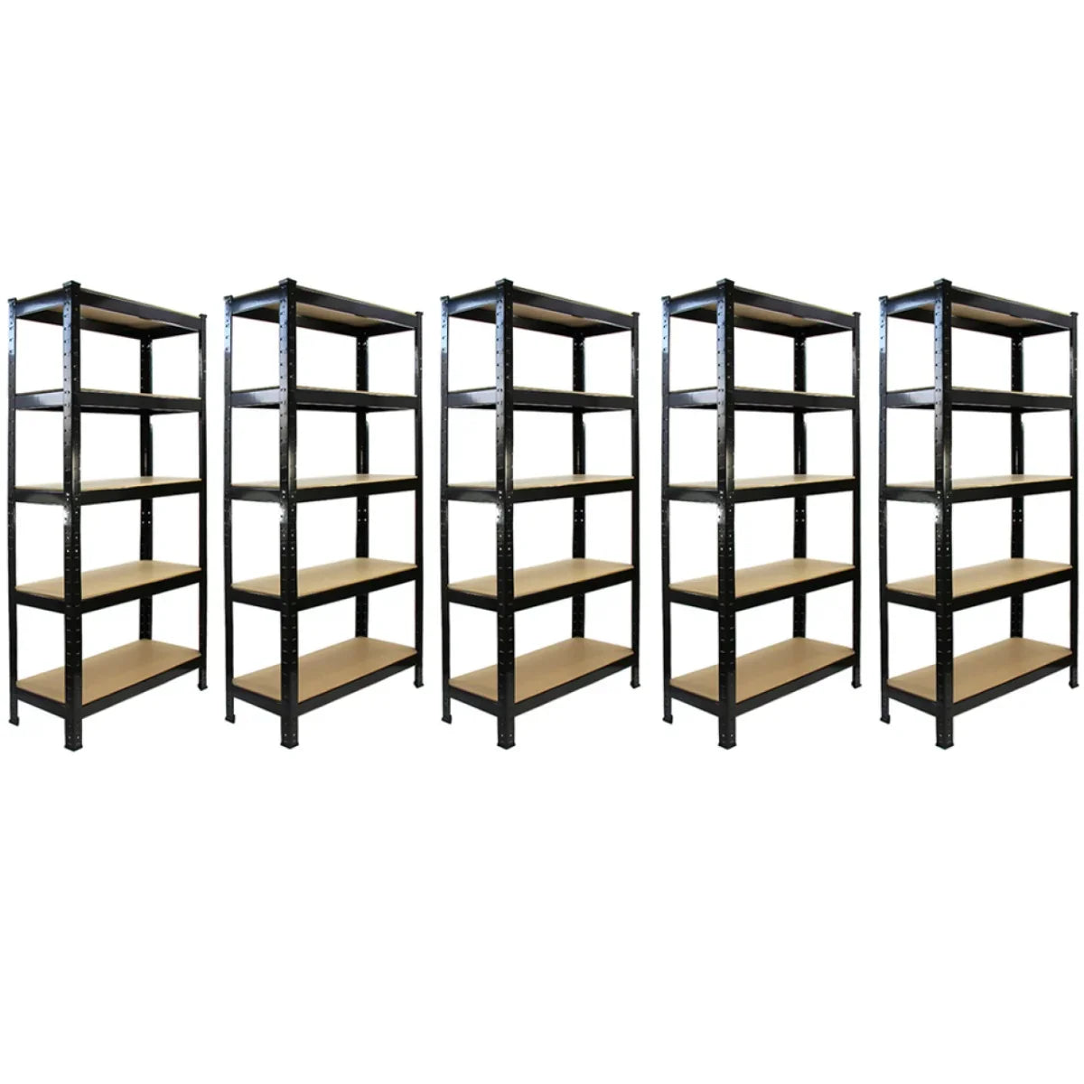 Five black metal racking units, each 75cm x 150cm x 30cm, featuring sturdy shelves and a sleek design for organized storage