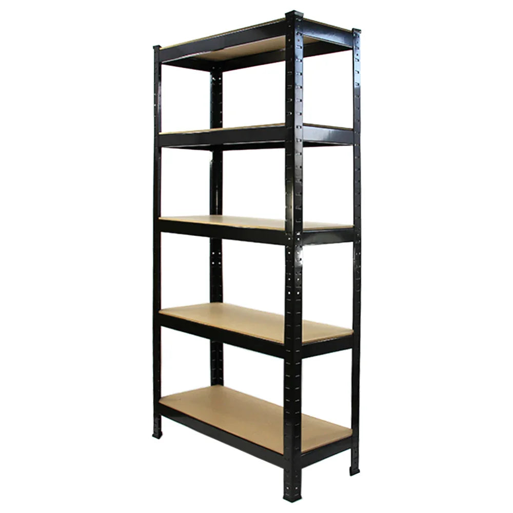 Sturdy black metal racking unit with five shelves, measuring 75cm x 150cm x 30cm, featuring a sleek design and durable construction