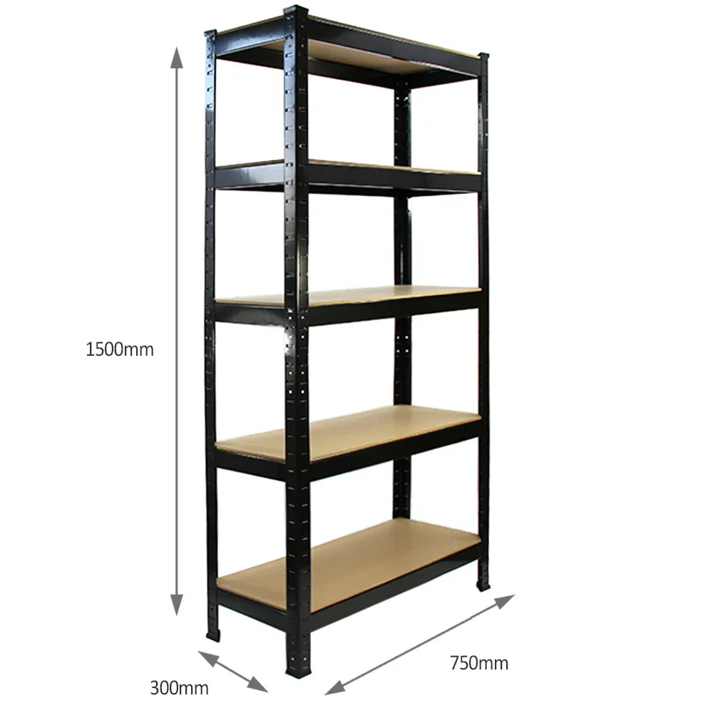 Five black metal racking units with five sturdy shelves, measuring 75cm wide, 150cm tall, and 30cm deep, ideal for storage