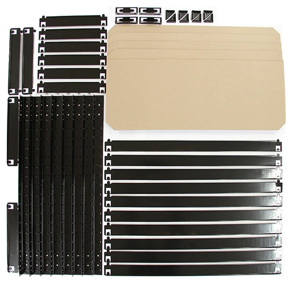 Black metal racking unit components including shelves, connectors, and brackets, designed for easy assembly and storage solutions