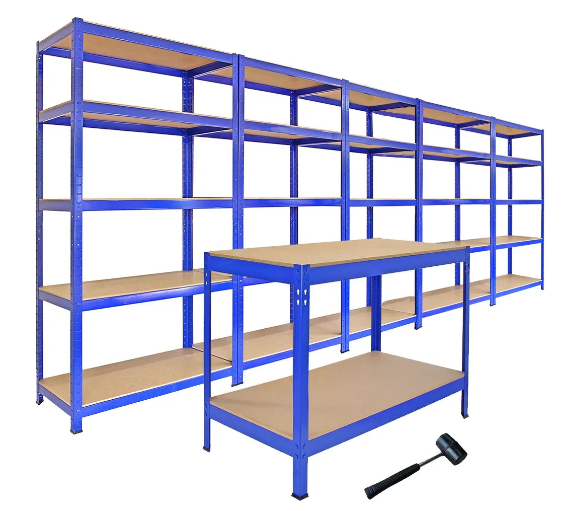 Boltless 5-tier garage shelves in vibrant blue with sturdy particleboard shelves, ideal for organizing tools and storage items
