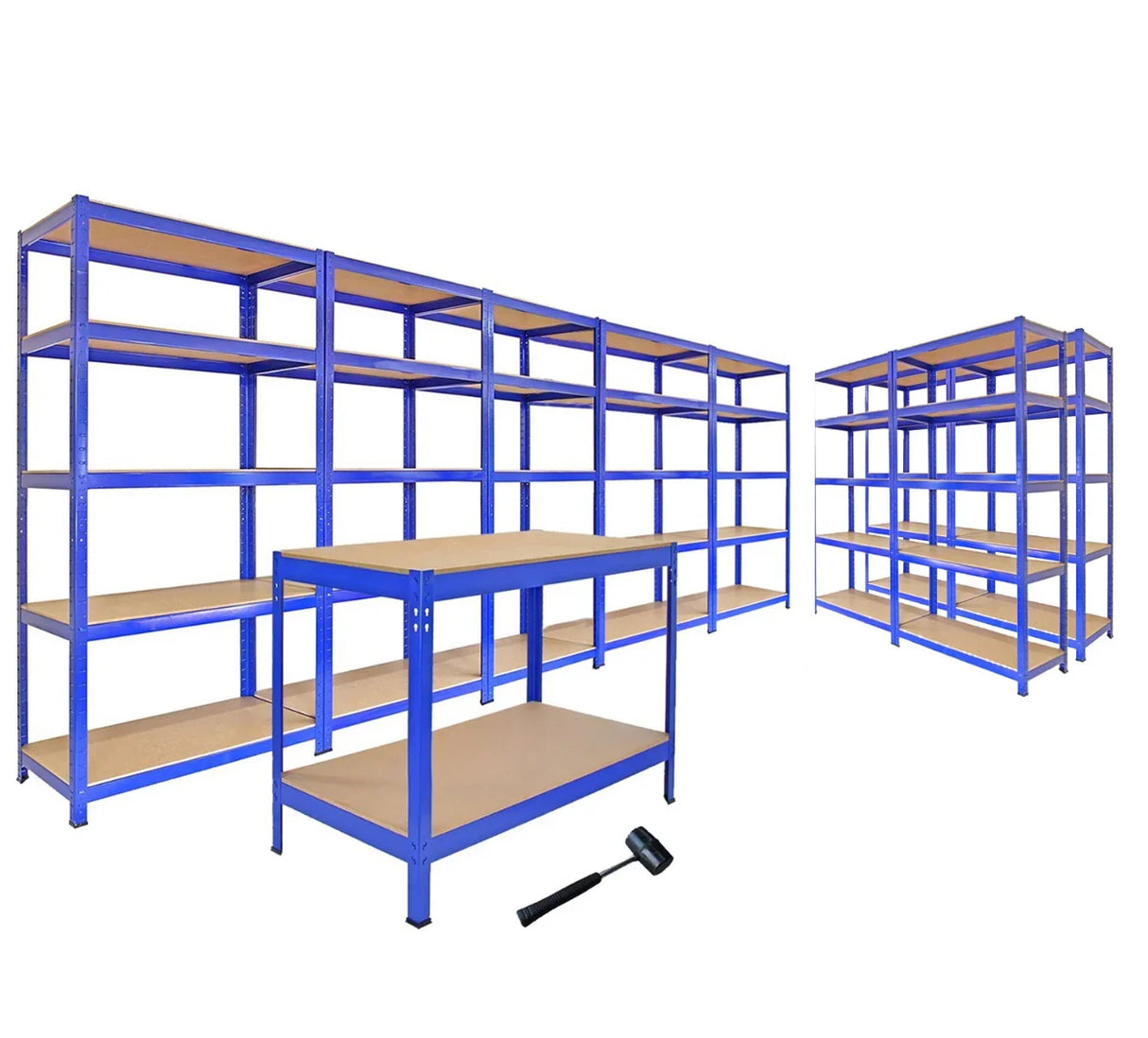 Boltless 5-tier garage shelves in blue metal with sturdy wooden shelves, ideal for organizing tools and storage items in a garage