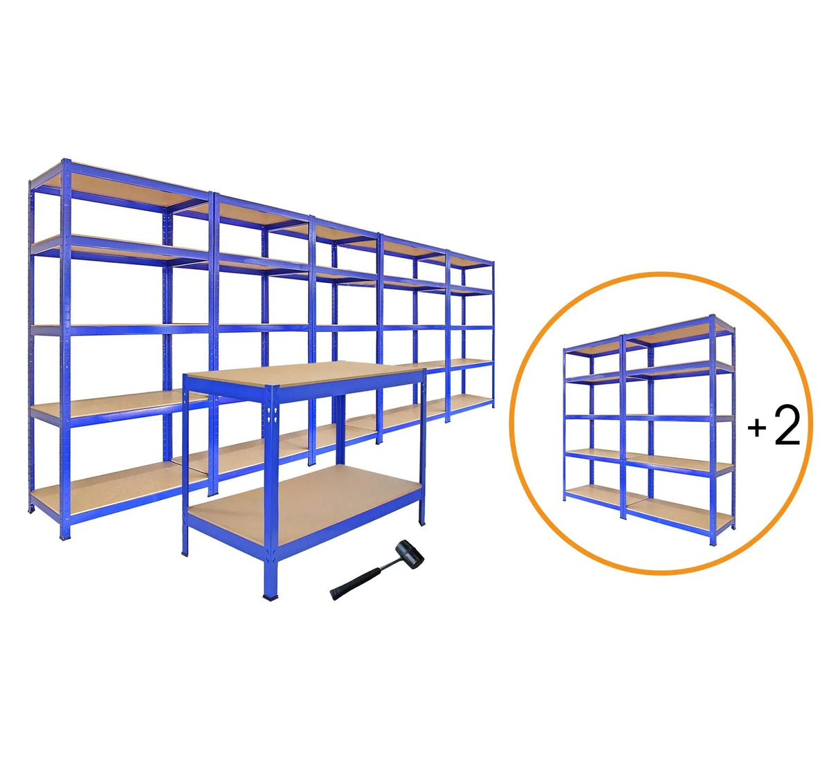 Boltless 5-tier garage shelves in blue with sturdy particleboard shelves, featuring a compact design and included rubber mallet for assembly