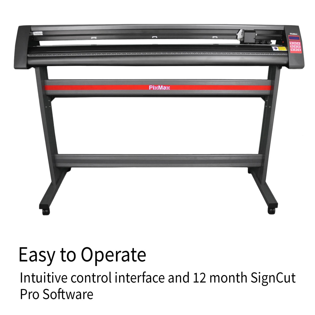 PixMax 59" vinyl cutter in sleek black and red design, featuring an intuitive control interface and included SignCut Pro software