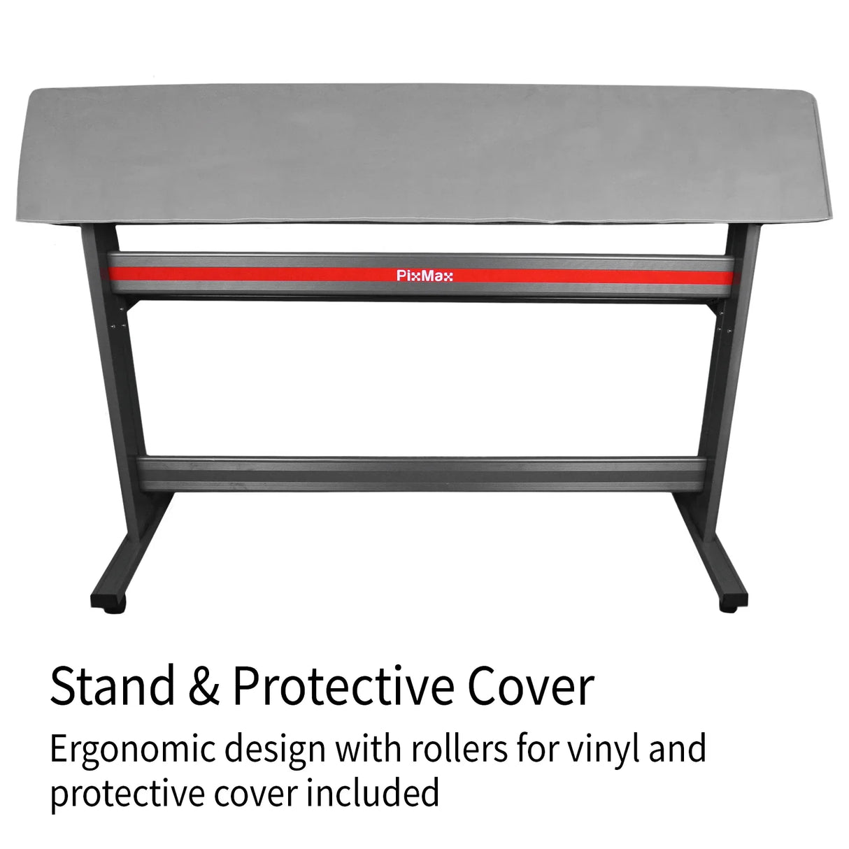 Ergonomic stand with a protective cover for the PixMax 59" Vinyl Cutter XL, featuring rollers for easy vinyl handling