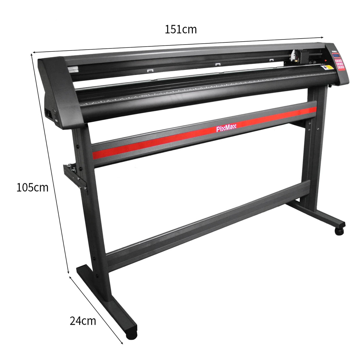 PixMax 59" vinyl cutter with a sleek black design, red accents, and a sturdy stand, ideal for precision cutting and crafting