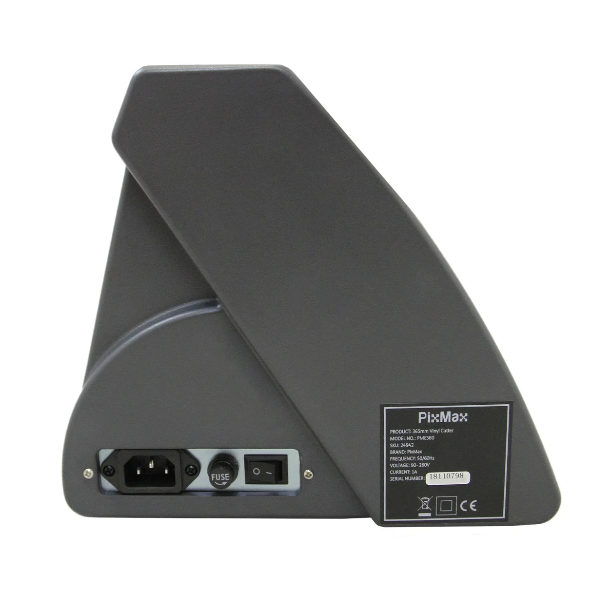 Rear view of the PixMax 59" Vinyl Cutter XL showing power connection, fuse, and sleek gray design for efficient cutting
