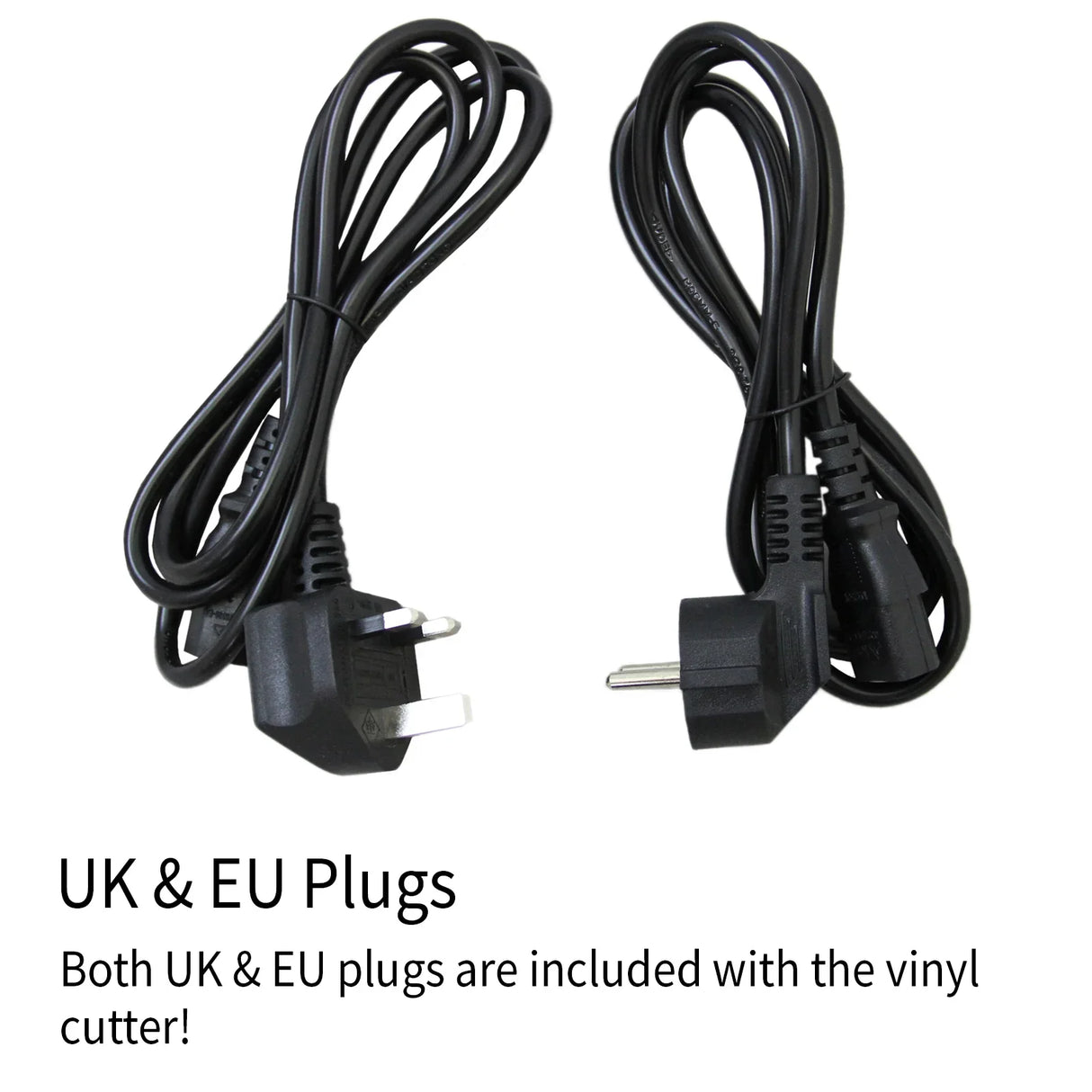 UK and EU power plugs for PixMax 59" Vinyl Cutter XL, featuring durable black cables for versatile connectivity options