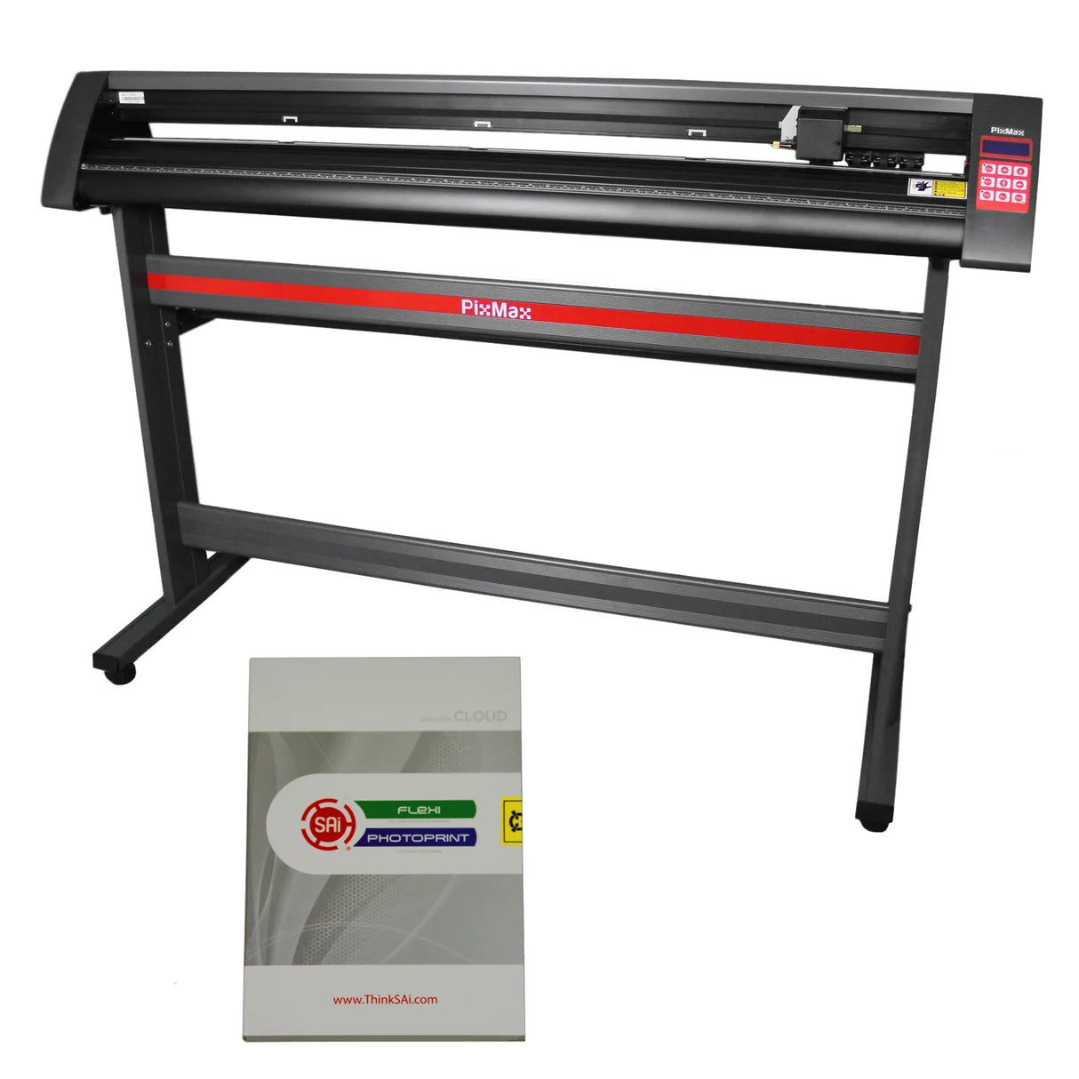 PixMax 59" vinyl cutter in black and red with digital controls, accompanied by Flexi starter software booklet for easy design