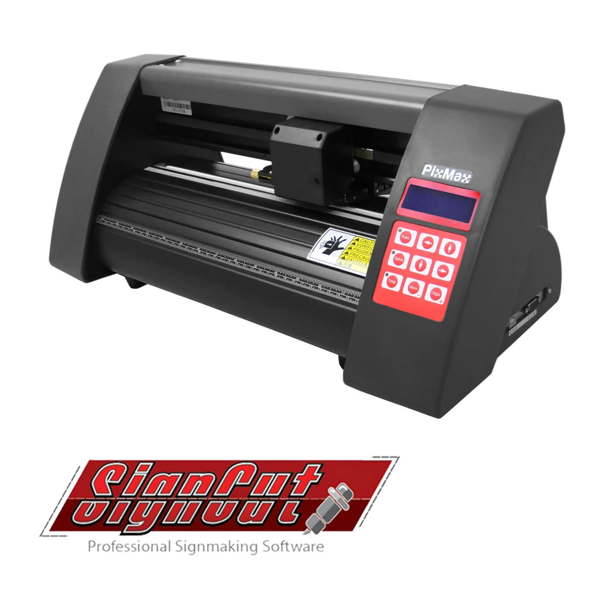 PixMax 20" vinyl cutter with sleek black design, control panel, and SignCut Pro software logo for professional signmaking