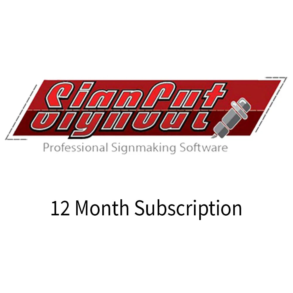 SignCut Pro software logo with red and gray colors, featuring a graphic cutter icon, promoting a 12-month subscription for signmaking
