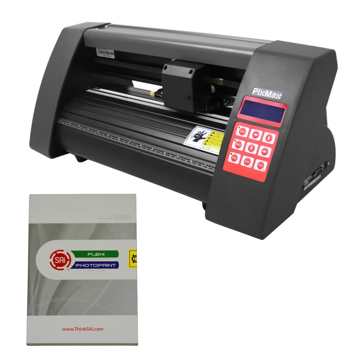 PixMax 20" vinyl cutter in sleek black with a digital control panel, accompanied by Flexi starter software for easy design integration