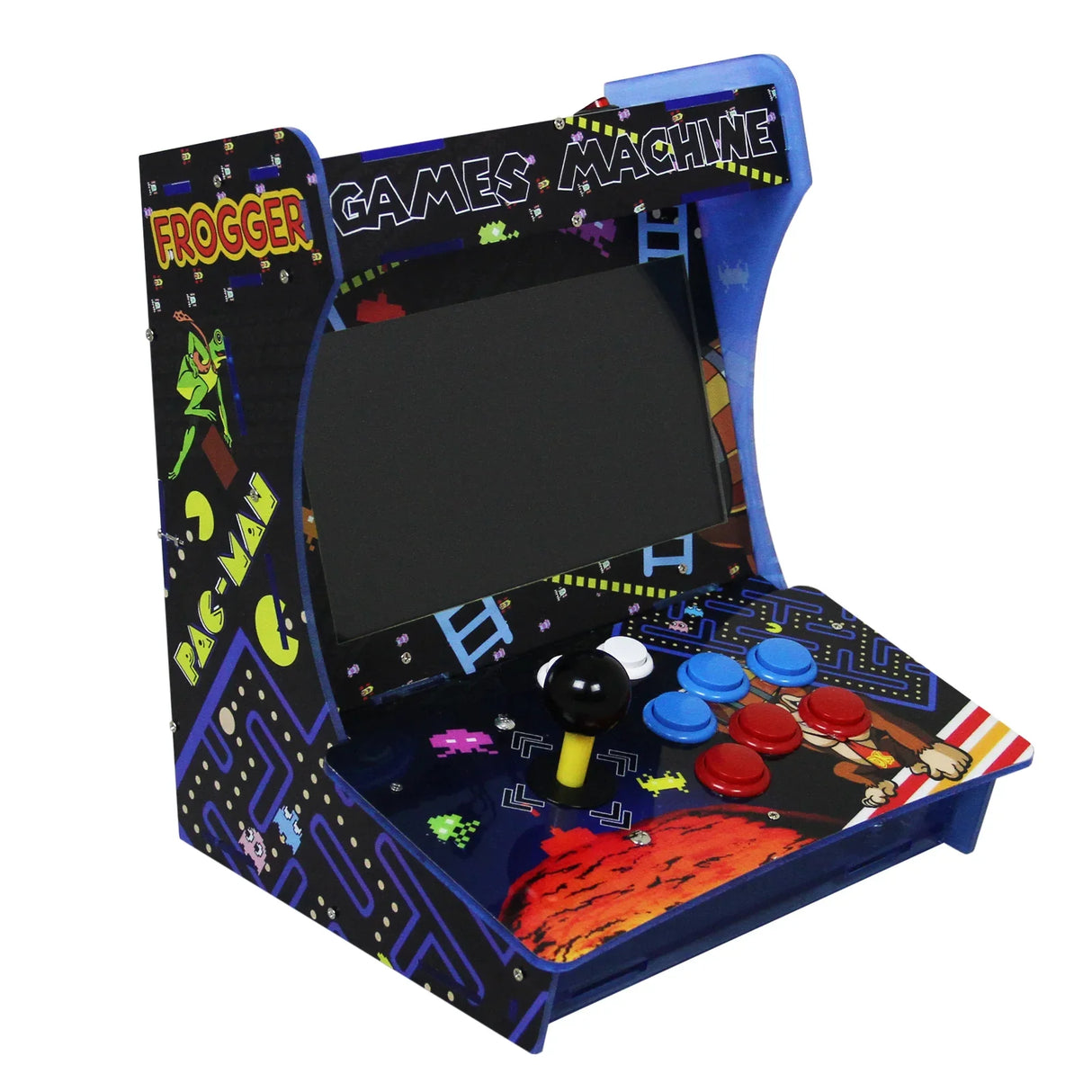 Colorful tabletop arcade machine featuring classic games like Frogger and Pac-Man, with a joystick and vibrant graphics on a compact design