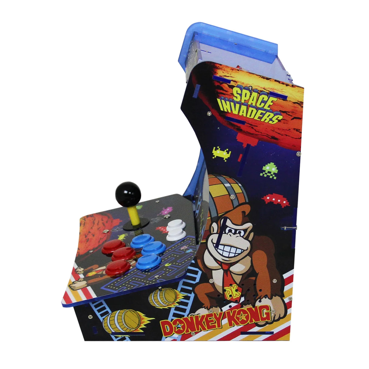 Colorful tabletop arcade machine featuring classic games like Donkey Kong and Space Invaders, with joystick and buttons in vibrant colors