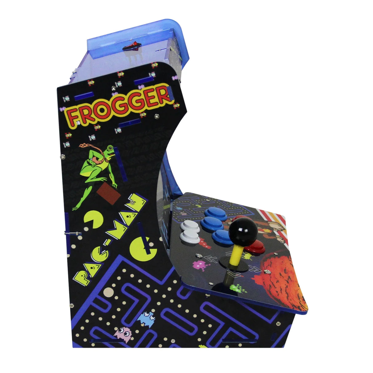 Colorful tabletop arcade machine featuring classic games Frogger and Pac-Man, with vibrant graphics, joystick, and buttons