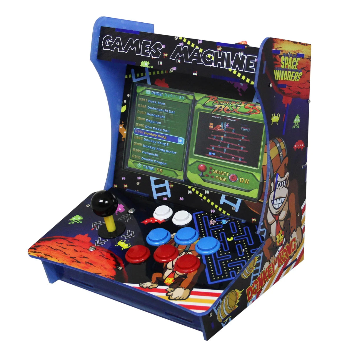 Colorful tabletop arcade machine featuring classic games, joystick, and buttons, with vibrant graphics of Donkey Kong and Space Invaders