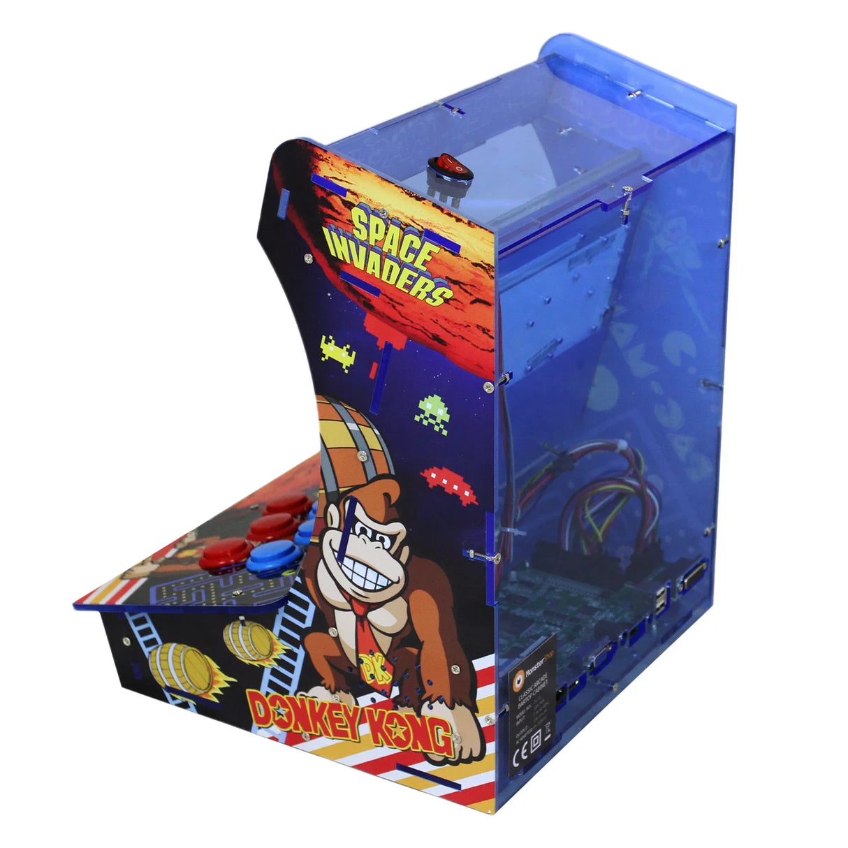 Table top arcade machine featuring vibrant graphics of Donkey Kong and Space Invaders, with colorful buttons and a sleek design