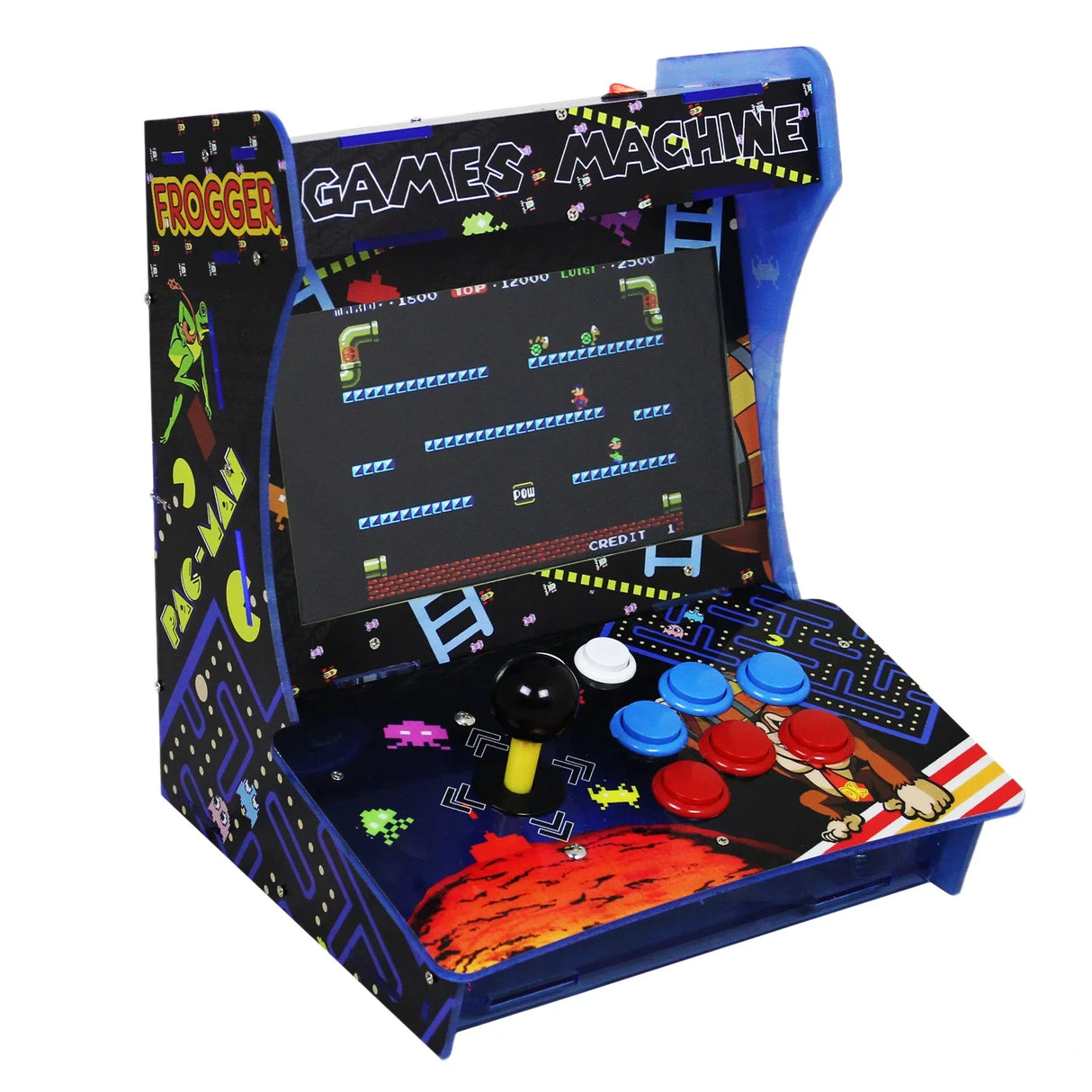 Colorful tabletop arcade machine featuring classic games like Frogger and Pac-Man, with a joystick and vibrant buttons on a retro design