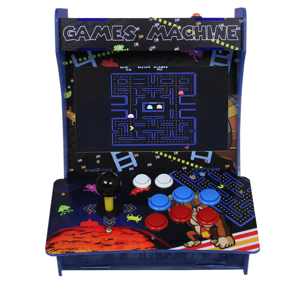 Colorful tabletop arcade machine featuring a retro design, joystick, and buttons, displaying a classic game on the screen