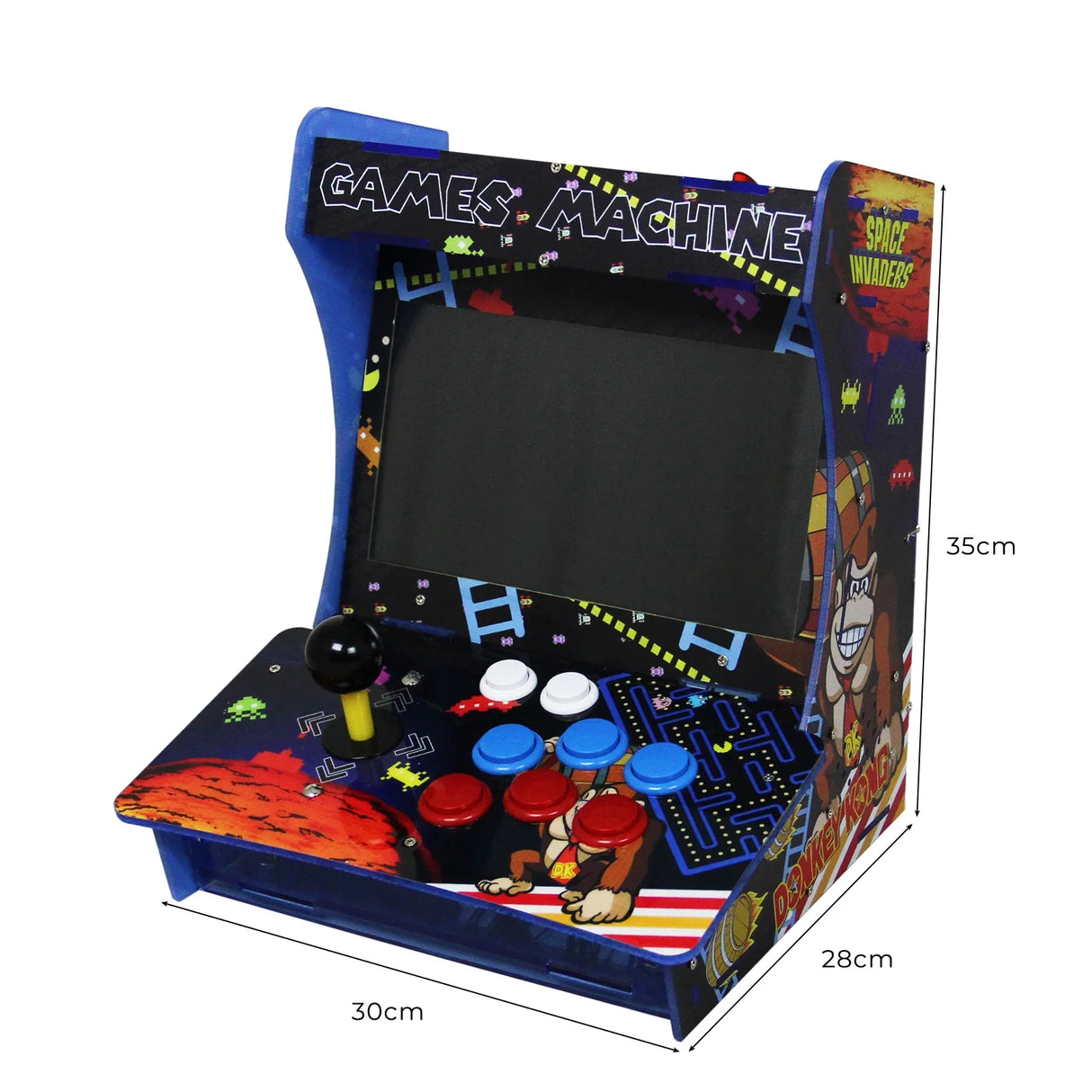 Colorful table top arcade machine featuring a vibrant design, joystick, and buttons, perfect for retro gaming enthusiasts