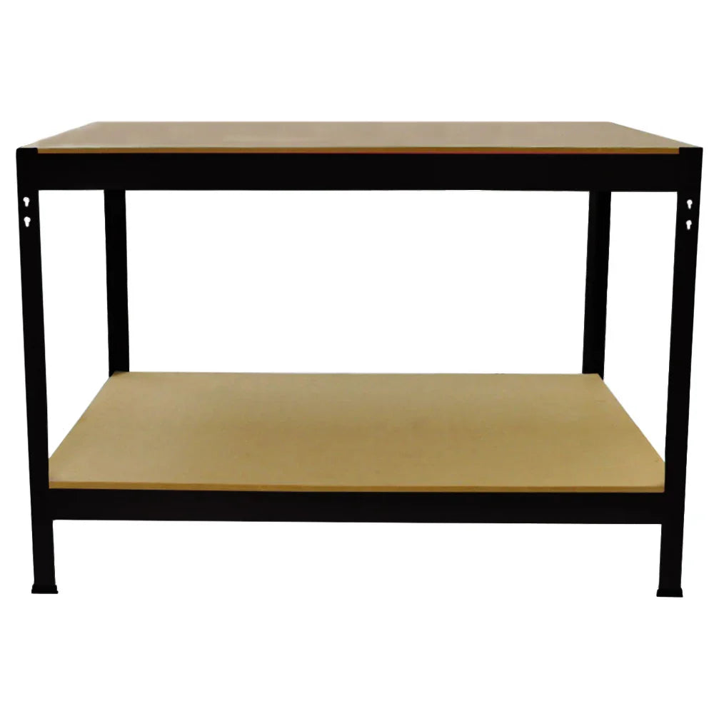 Sturdy Q-RAX black workbench with a smooth wooden top and lower shelf, featuring a sleek metal frame for durability and stability