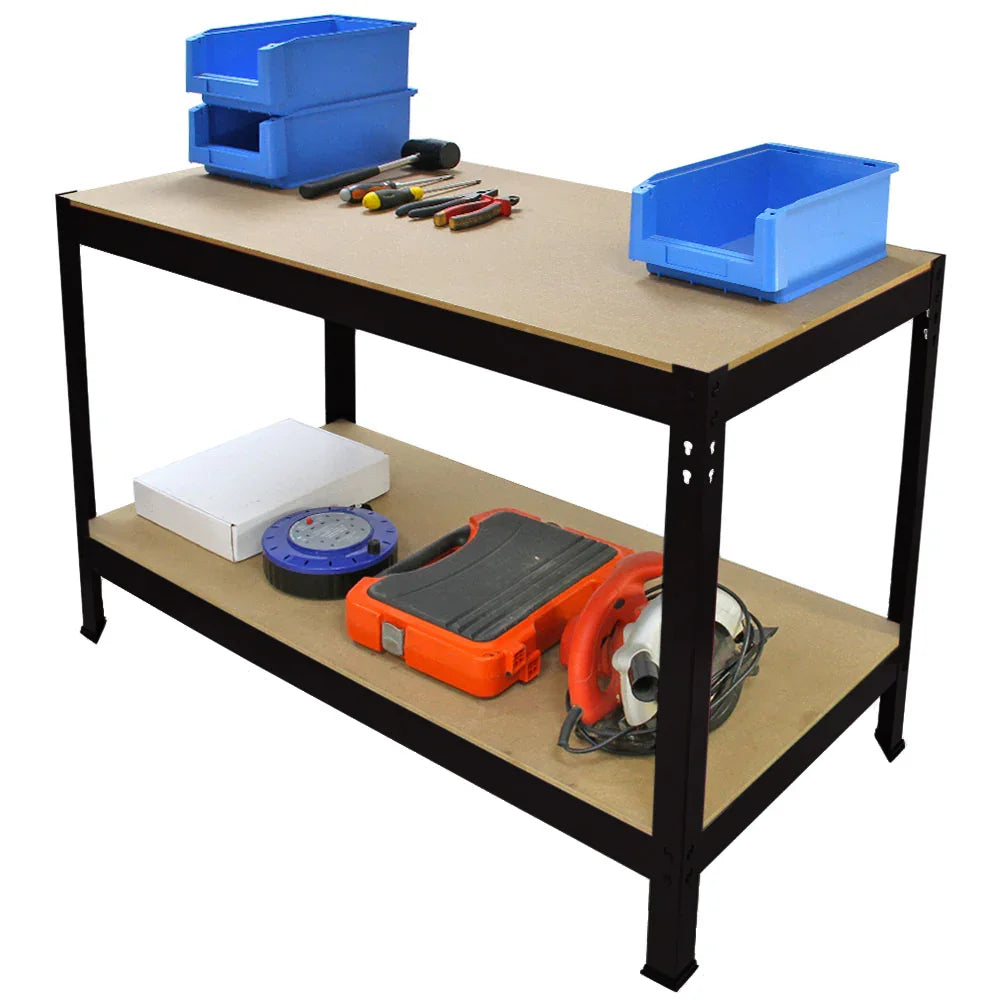 Sturdy Q-Rax black workbench with a smooth wood top, featuring blue storage bins and various tools neatly arranged on the surface