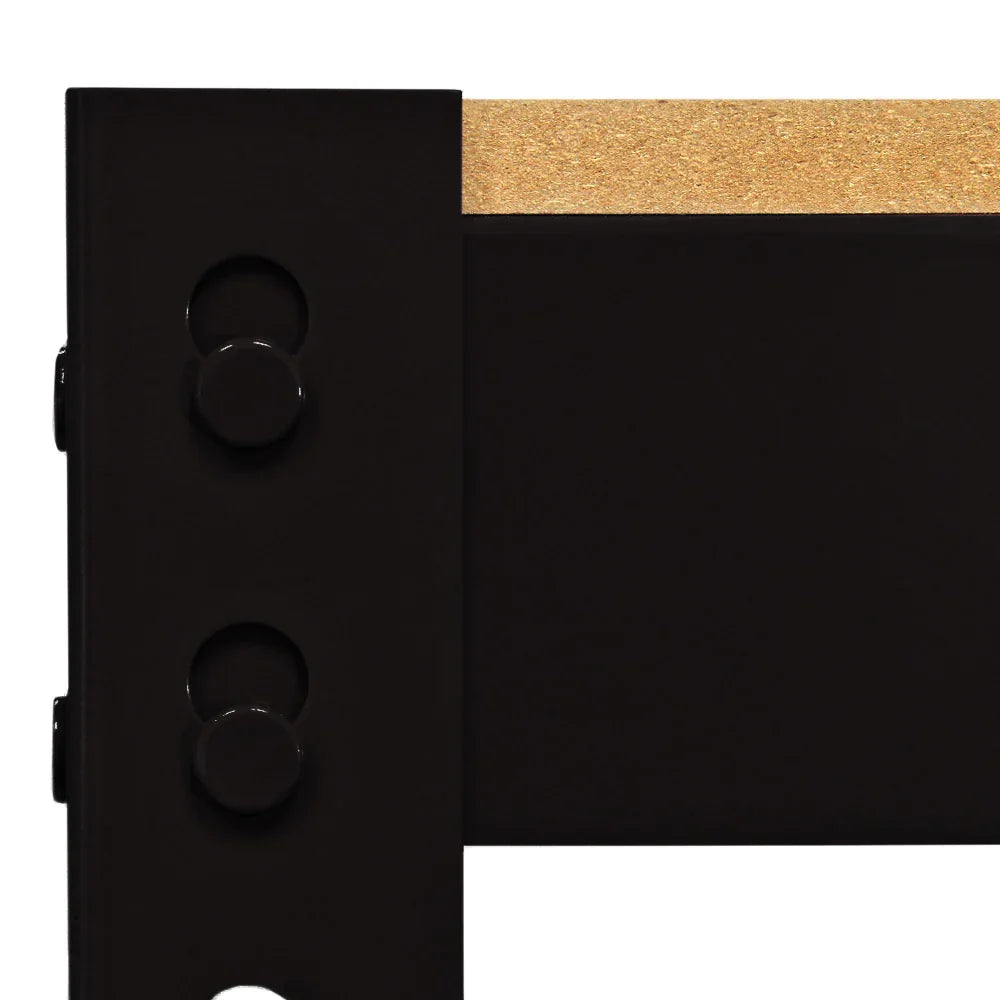 Close-up of Q-RAX Black Workbench 100cm showcasing sturdy black metal frame and smooth wooden surface with natural finish