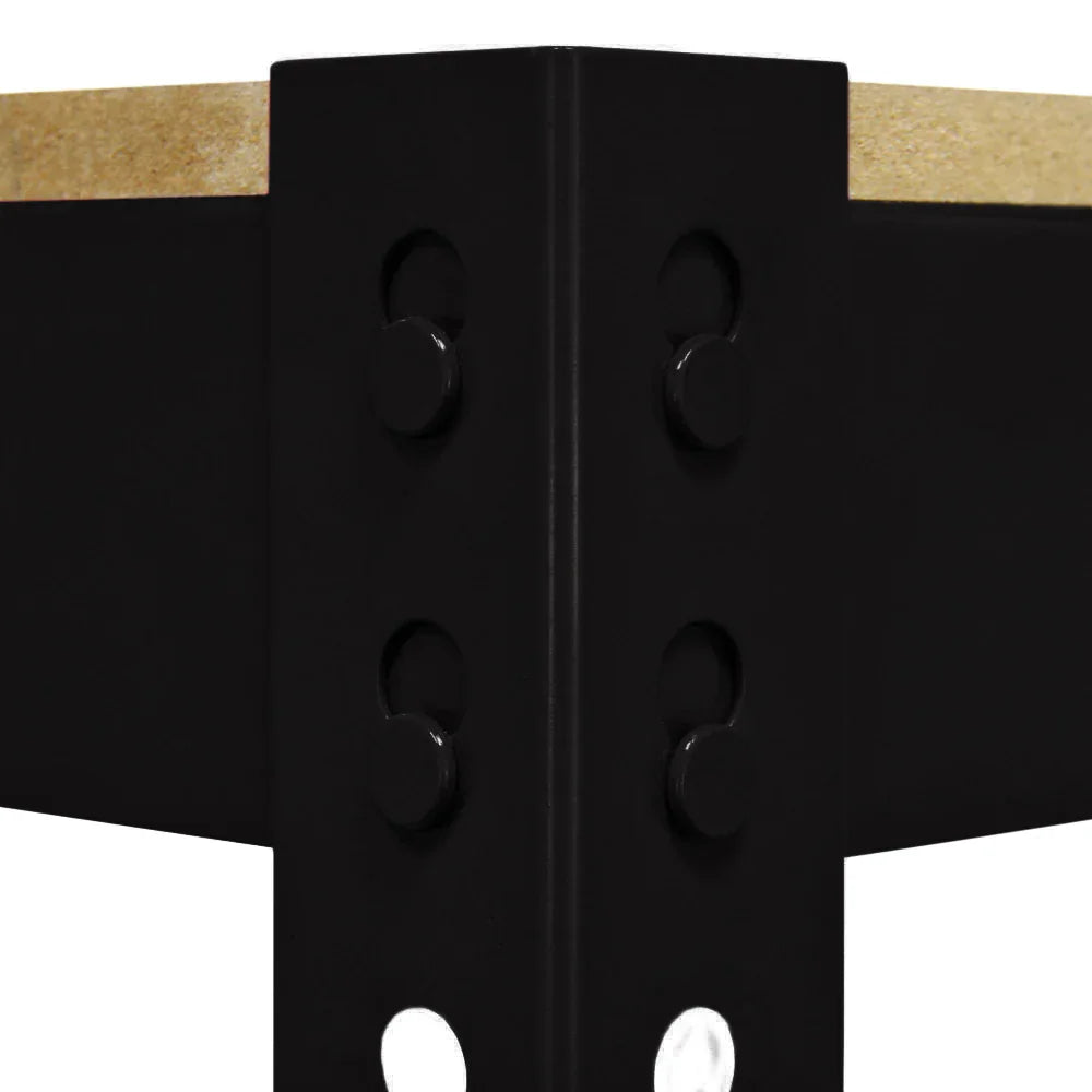Close-up of the Q-RAX Black Workbench corner, showcasing sturdy black metal frame, smooth wood surface, and durable construction details
