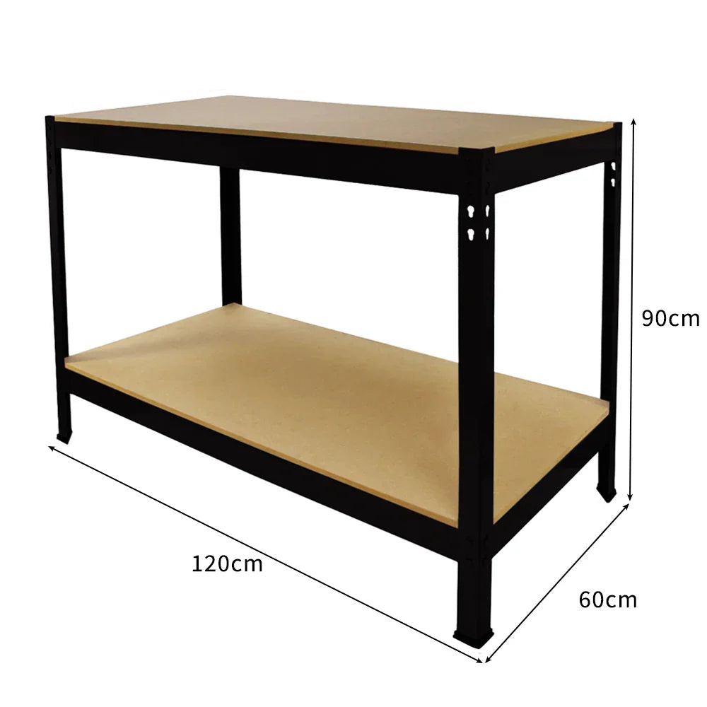 Sturdy Q-Rax black workbench with a sleek metal frame, wooden top, and lower shelf, measuring 120cm x 60cm x 90cm
