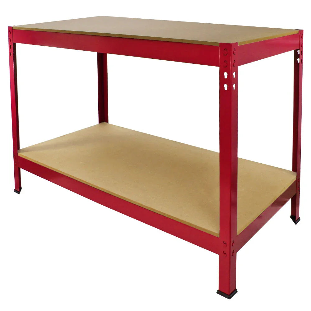 Sturdy Q-Rax red workbench with a smooth, light wood top and a lower shelf, featuring a robust metal frame for durability