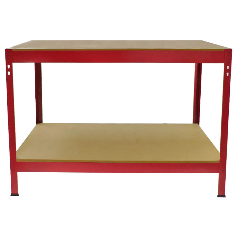 Sturdy Q-RAX red workbench with a smooth wooden top and a lower shelf, ideal for workshops and DIY projects, 100cm wide