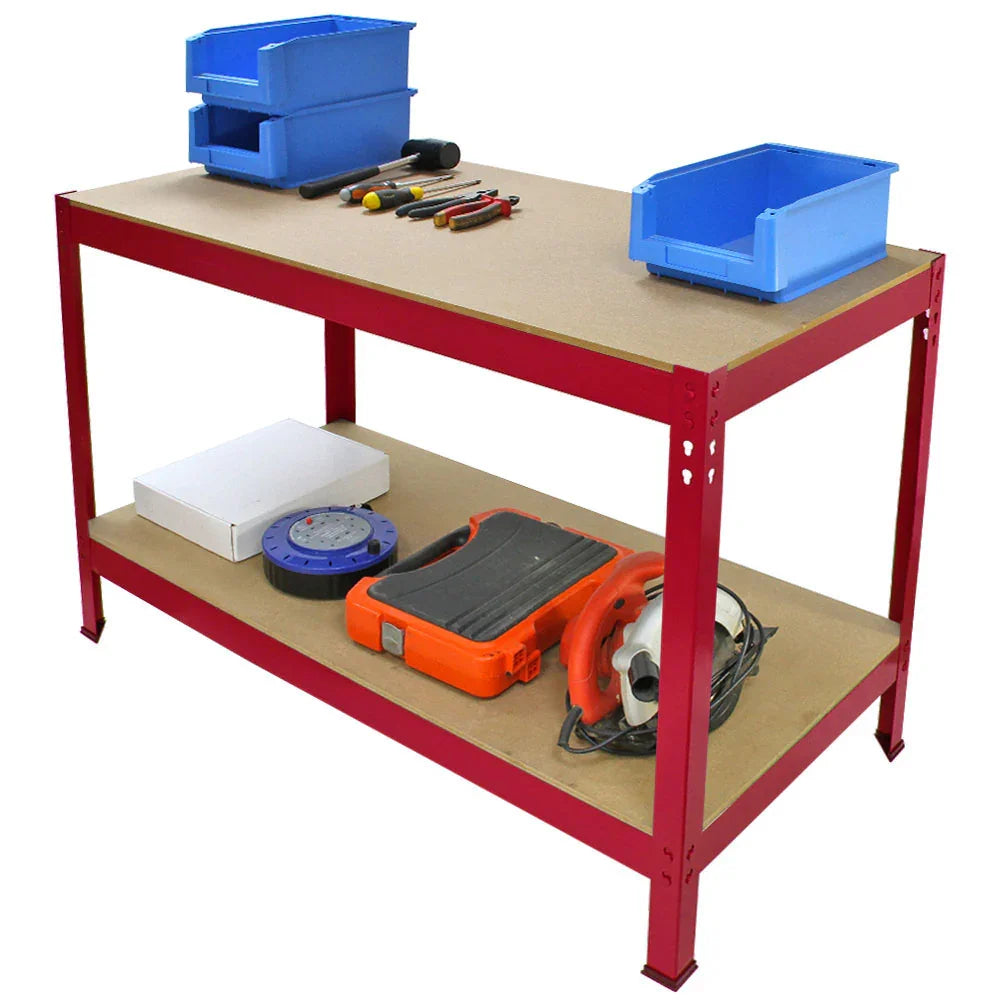 Q-Rax red workbench with a sturdy surface, featuring blue storage bins, tools, and an organized lower shelf for efficient workspace
