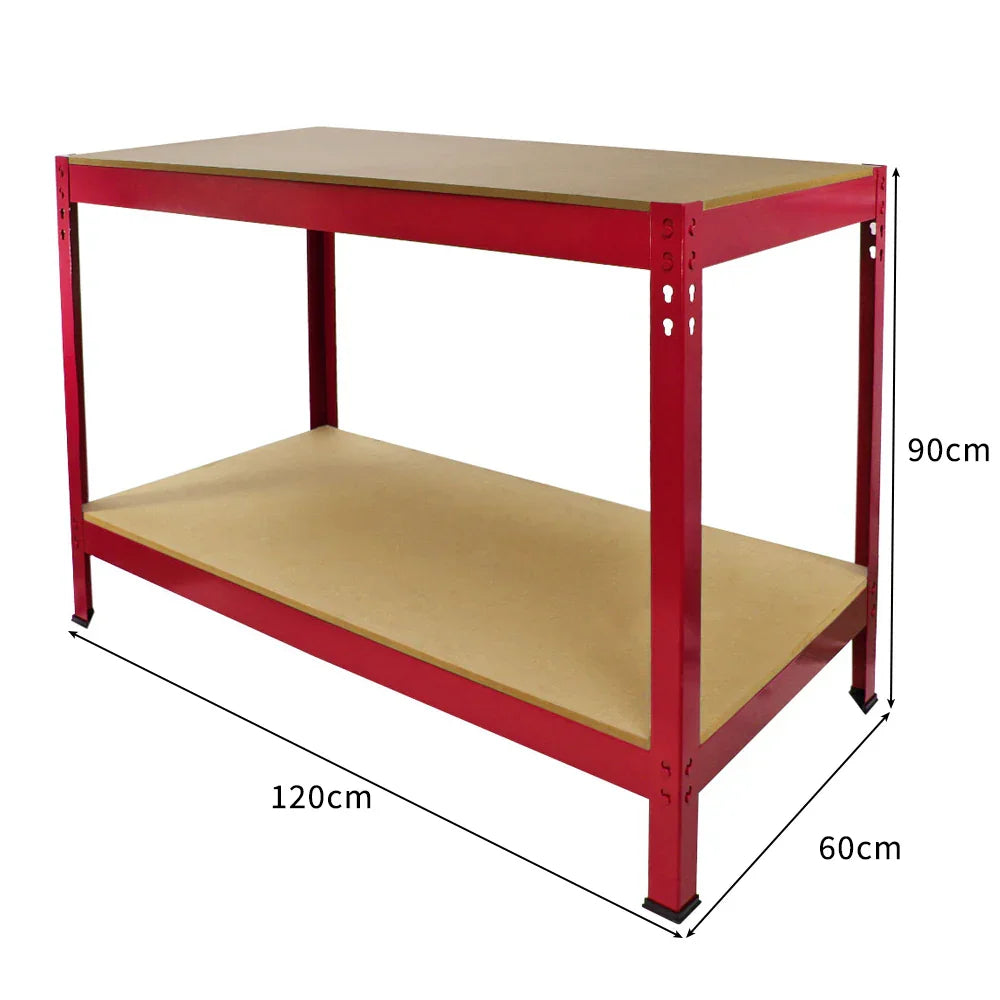 Q-Rax red workbench with sturdy metal frame, smooth wooden top, and lower shelf, measuring 120cm x 60cm x 90cm for versatile use