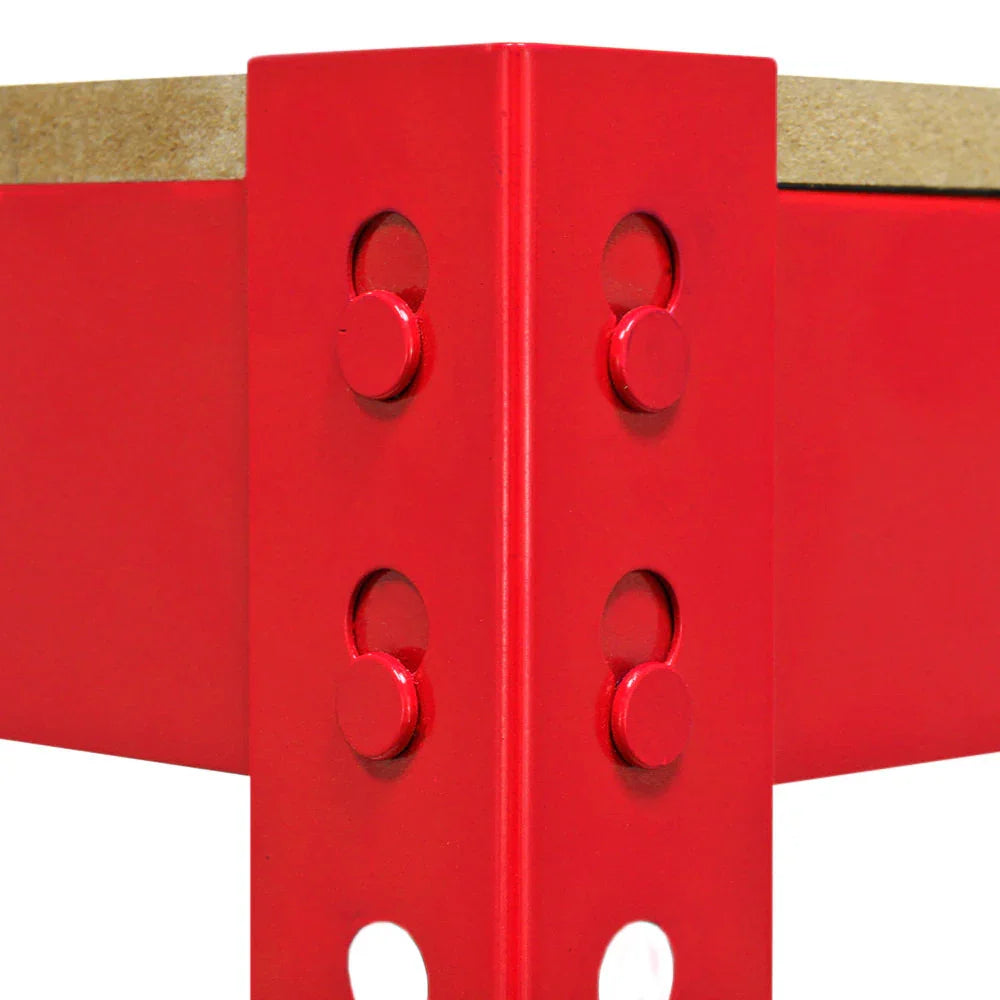 Sturdy red metal corner of the Q-RAX 100cm workbench, showcasing smooth finish, durable construction, and secure assembly details