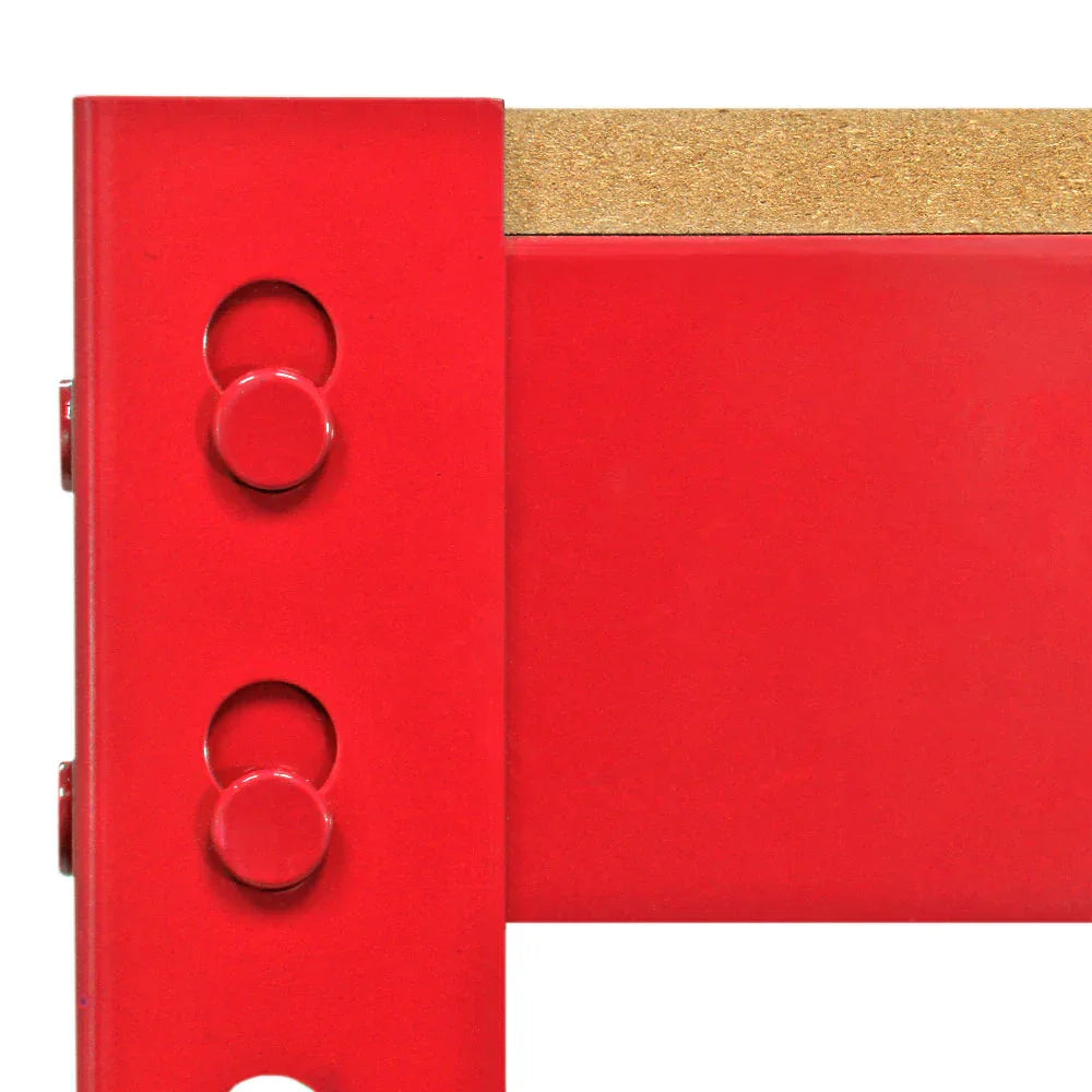 Bright red Q-Rax workbench corner showing sturdy metal frame, smooth wood surface, and rounded edges for safety and durability