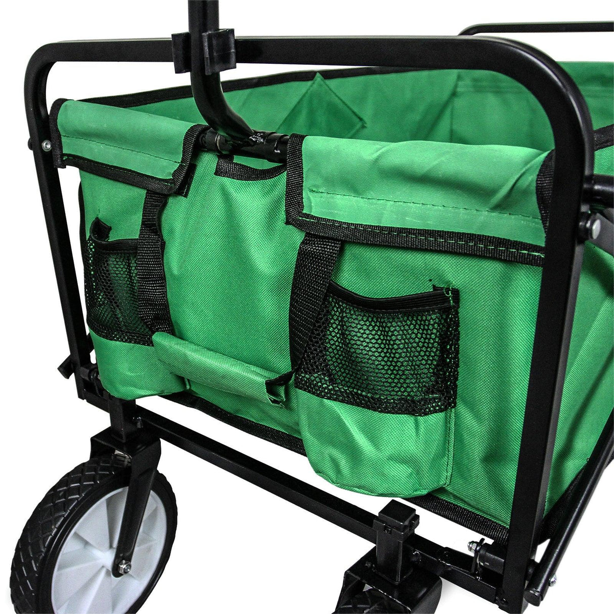 Foldable garden cart in vibrant green with durable fabric, mesh pockets, and a sturdy black metal frame for easy transport