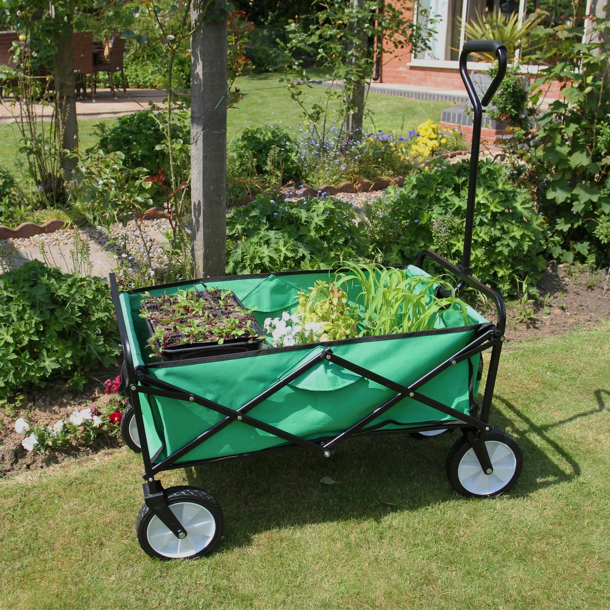 Foldable garden cart in vibrant green, featuring a sturdy black frame, spacious interior for plants, and durable wheels for easy transport