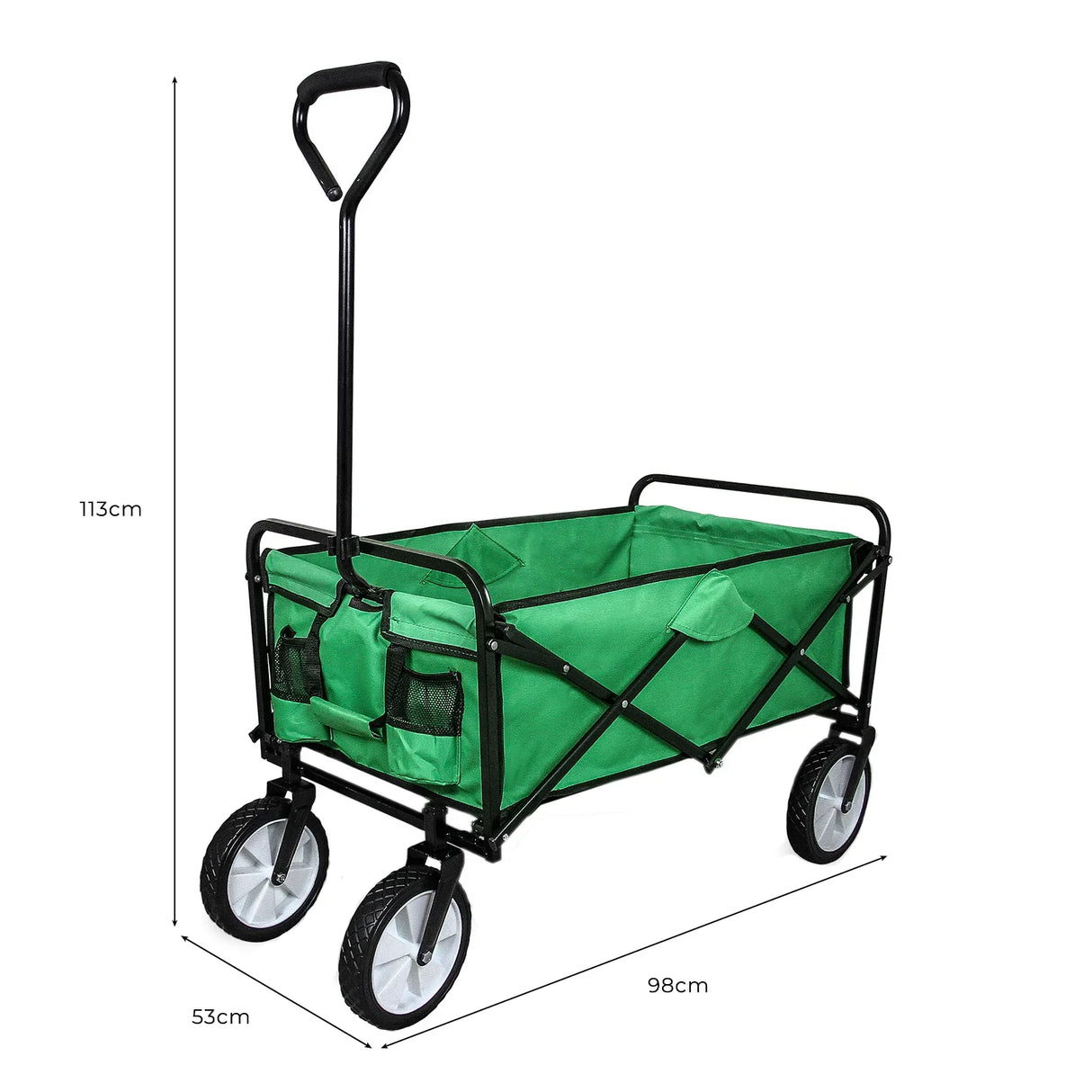 Foldable garden cart in vibrant green with durable fabric, sturdy black frame, and large wheels for easy maneuverability