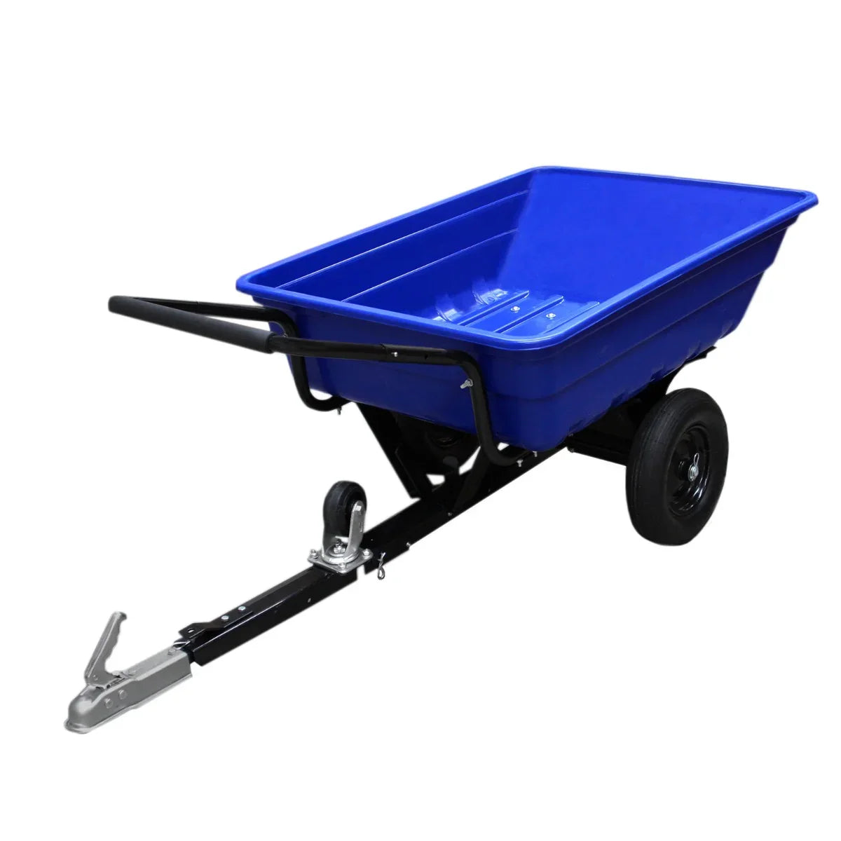 Blue ATV tipping trailer with a sturdy plastic tub, black metal frame, and wheel assembly, designed for easy towing and hauling