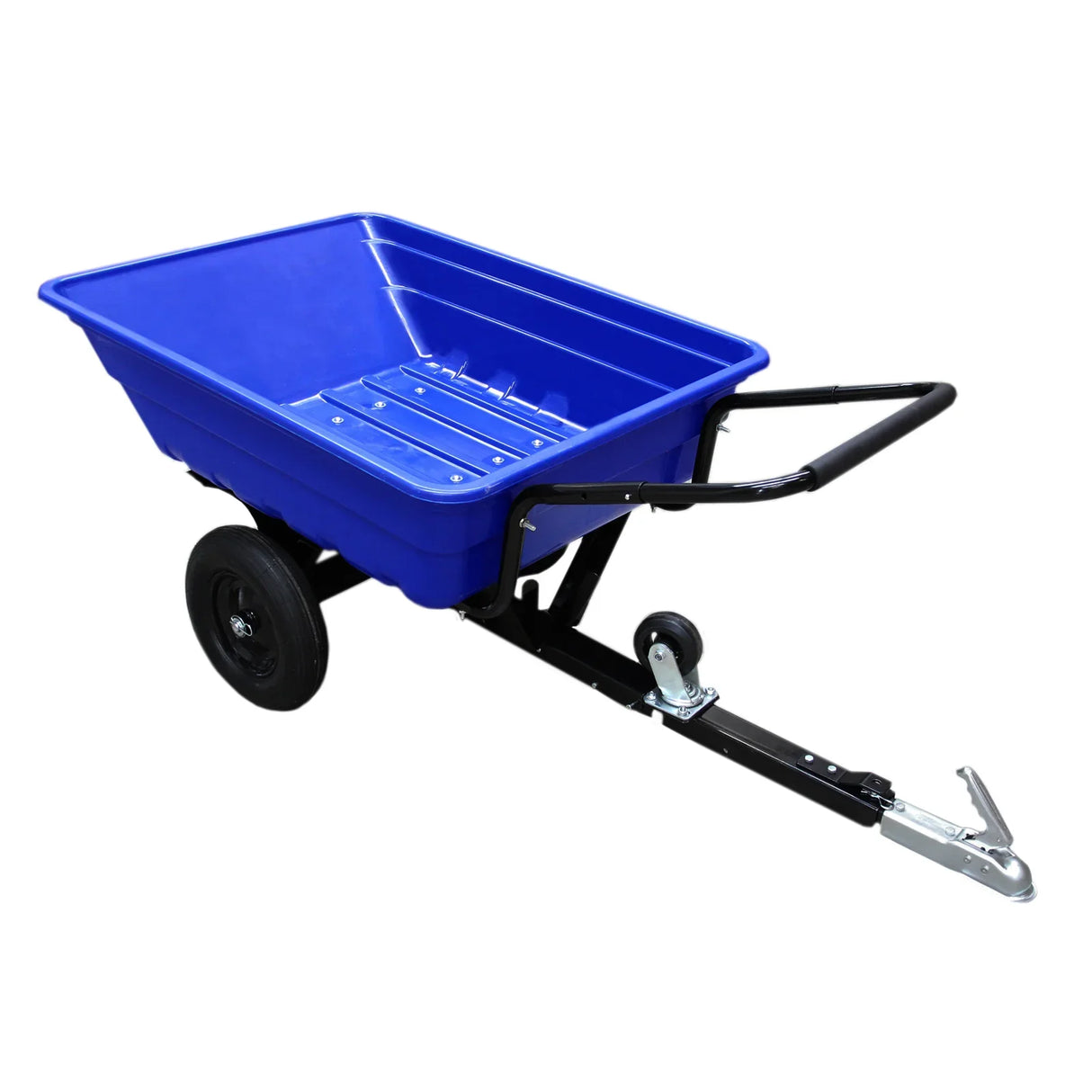 T-Mech ATV trailer with a blue plastic tub, sturdy black frame, pneumatic tyres, and a hitch for easy towing and transport