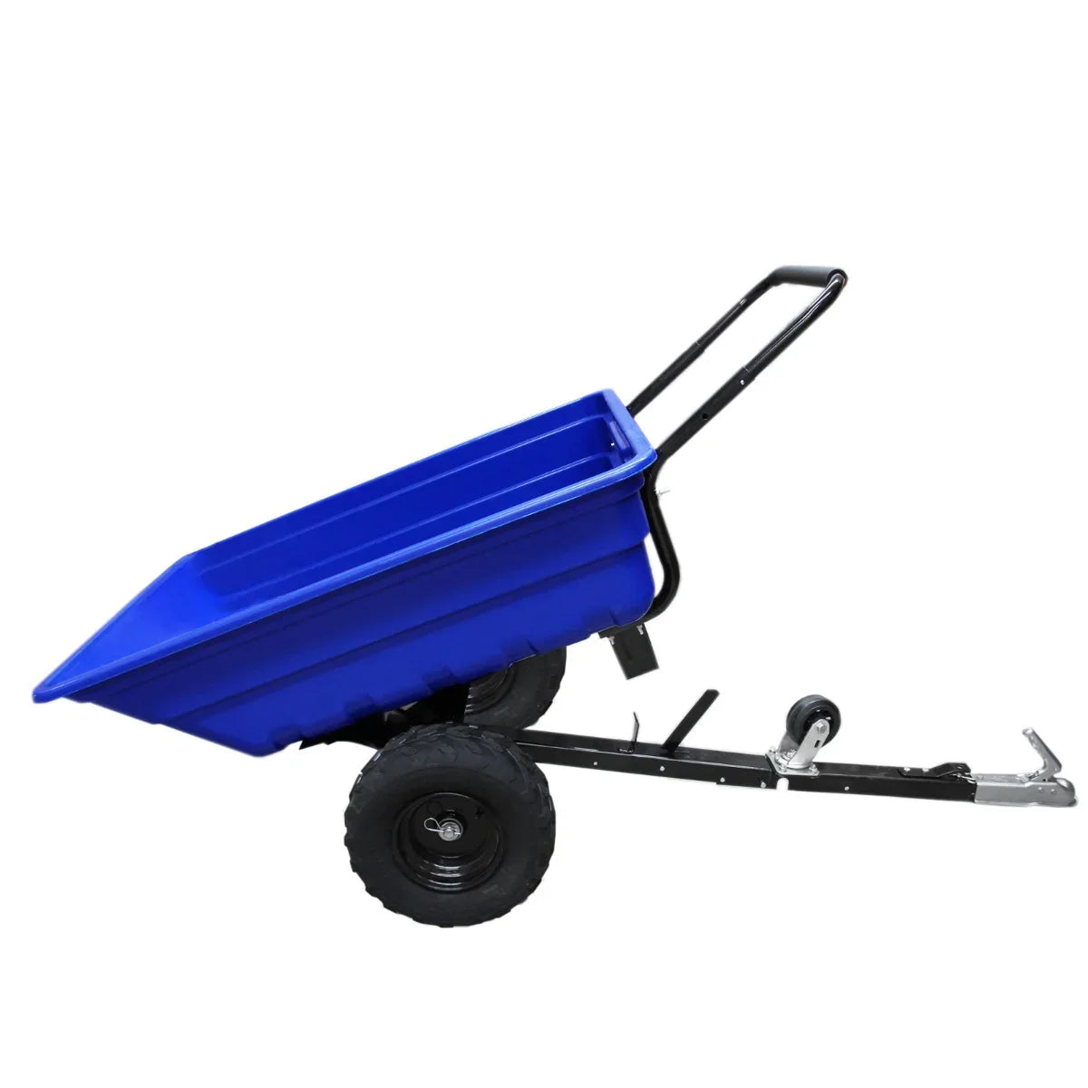 Blue off-road ATV trailer with a sturdy black frame and large wheels, designed for hauling and equipped with a 60-liter sprayer