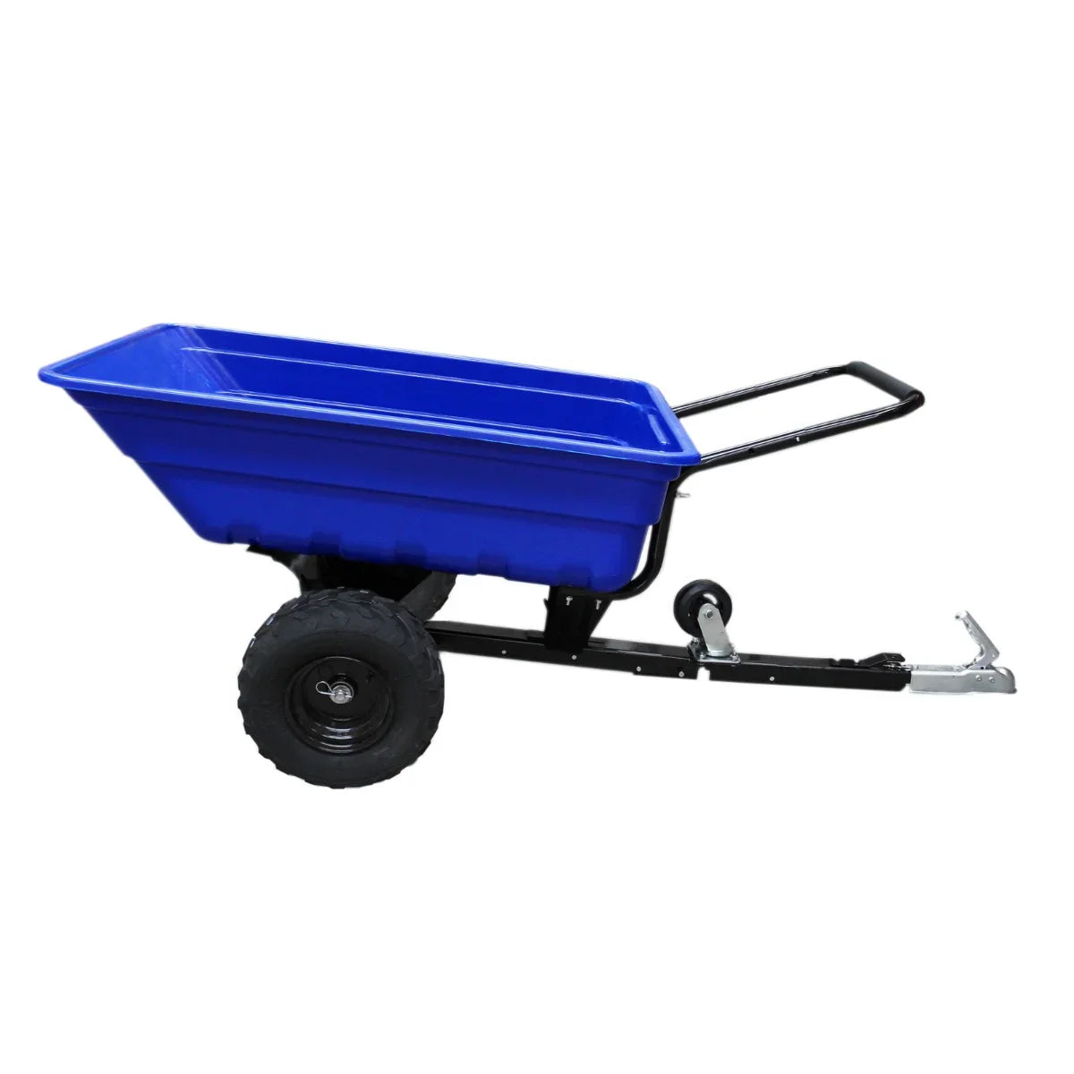 Blue plastic ATV trailer with a sturdy black metal frame and large off-road tyres, designed for rugged terrain and heavy loads