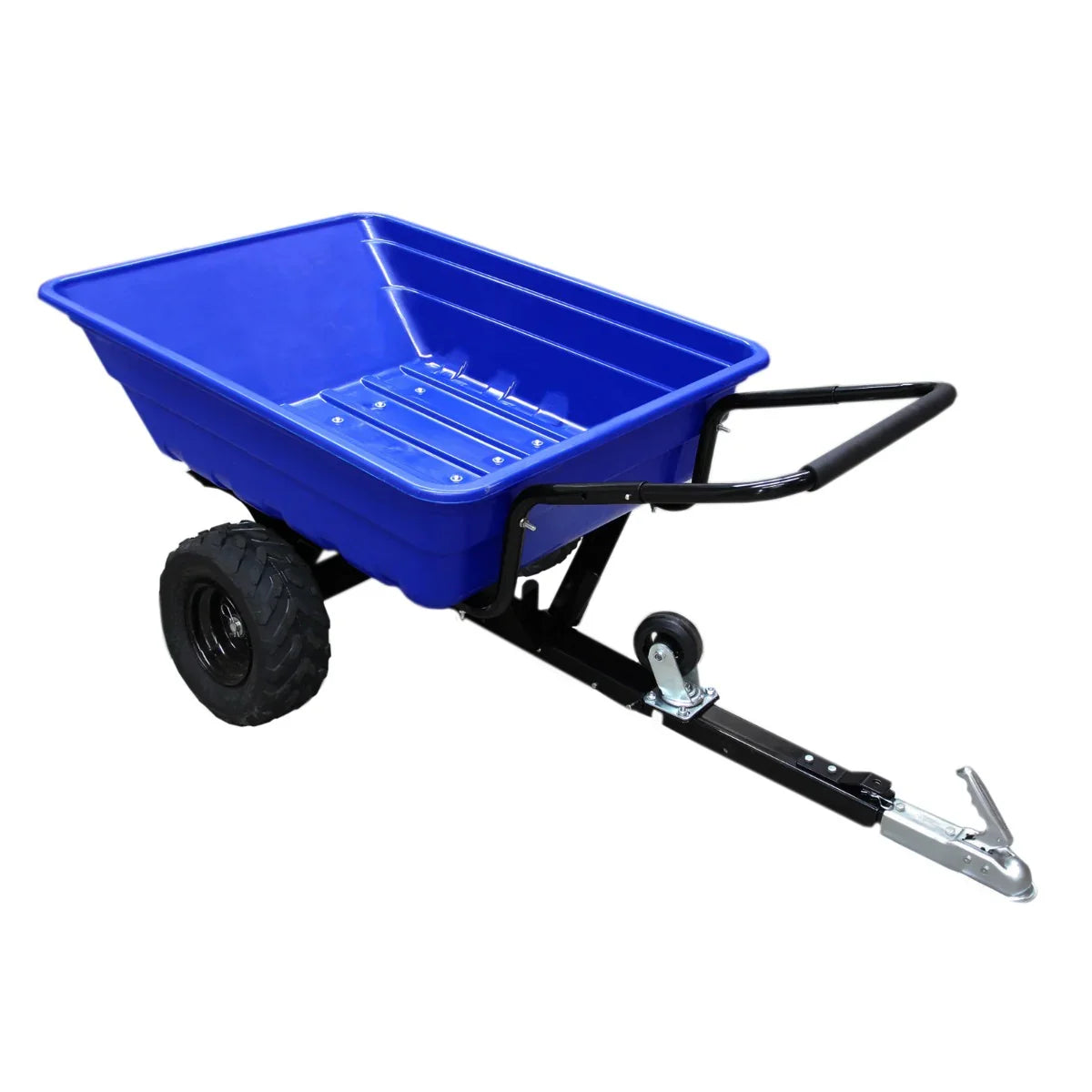 Durable blue plastic ATV trailer with a sturdy black frame, large wheels, and a tow hitch for off-road use and easy maneuverability