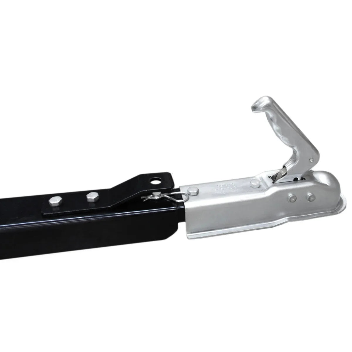 Durable black metal hitch with a silver latch, designed for secure attachment to off-road ATV trailers and sprayers