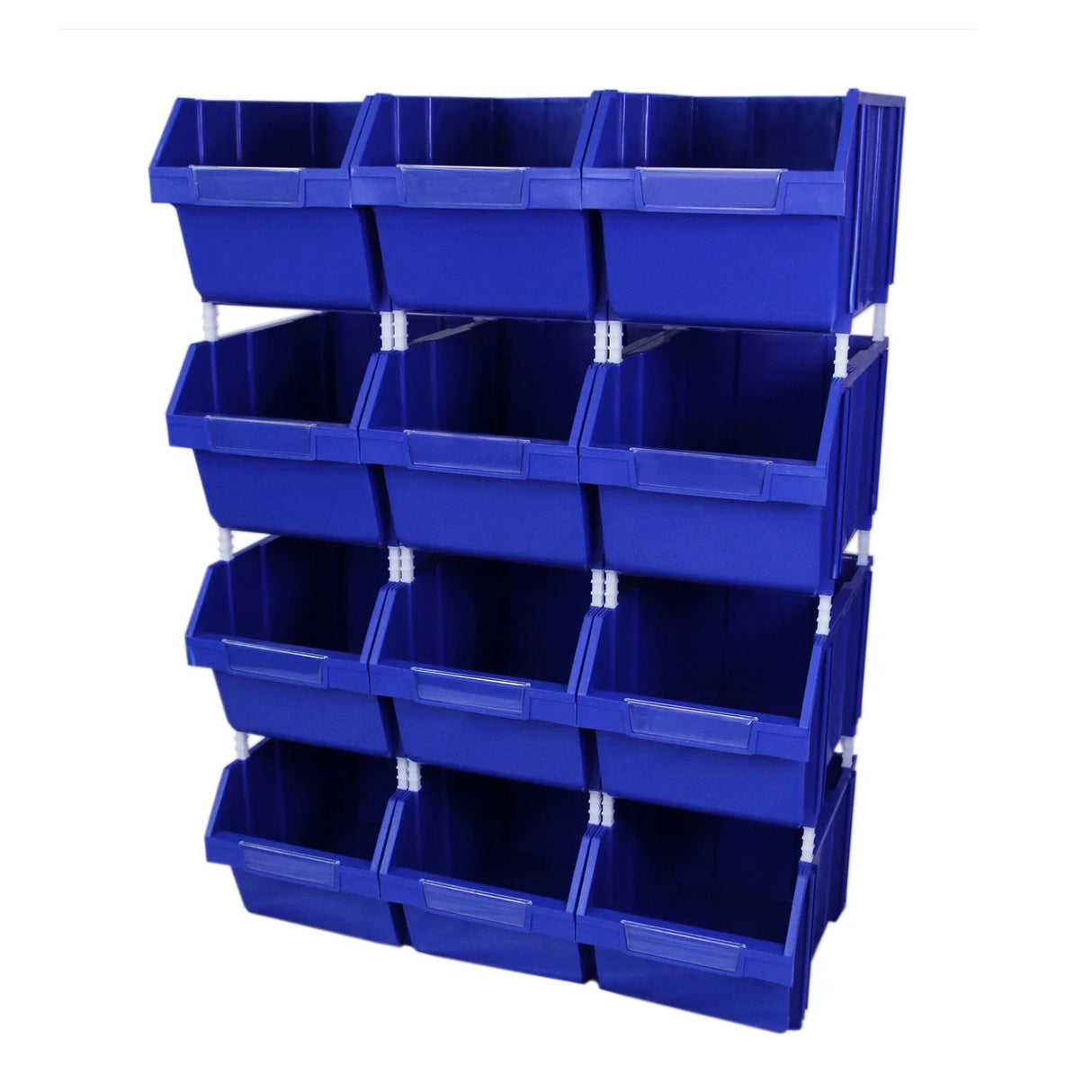 Stackable blue Quick Pick Storage Bins with clear plastic bins, ideal for organizing tools, toys, or craft supplies in a compact design