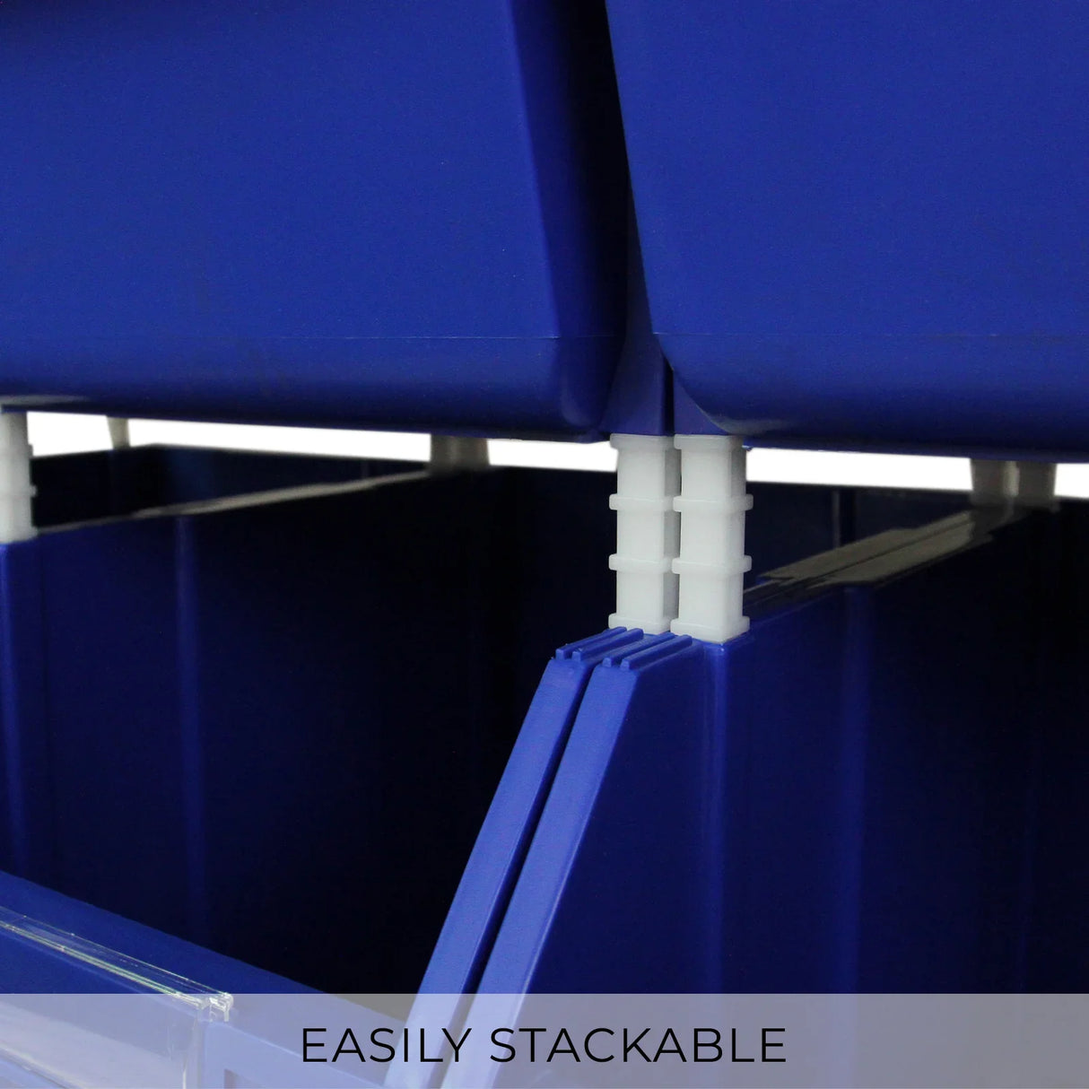 Bright blue Quick Pick Storage Bins with a stackable design, featuring sturdy plastic construction and smooth edges for easy organization