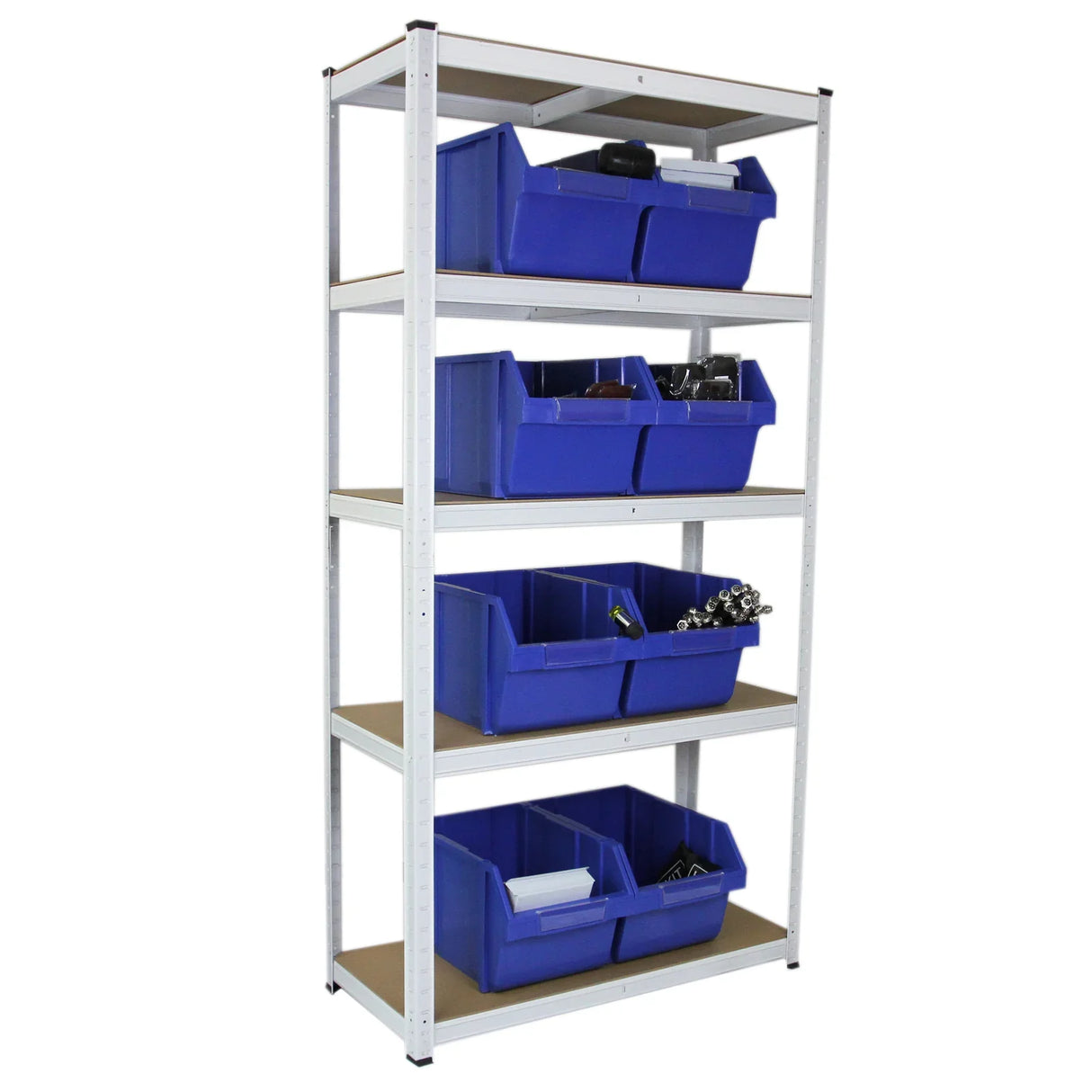 Four-tier shelving unit with blue plastic Quick Pick storage bins, showcasing organized tools and hardware for efficient storage solutions