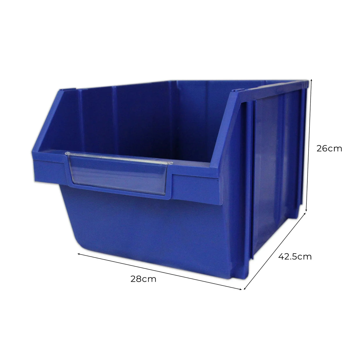 T-RAX blue storage bin measuring 42.5cm x 28cm x 26cm, featuring a sturdy plastic design and open front for easy access